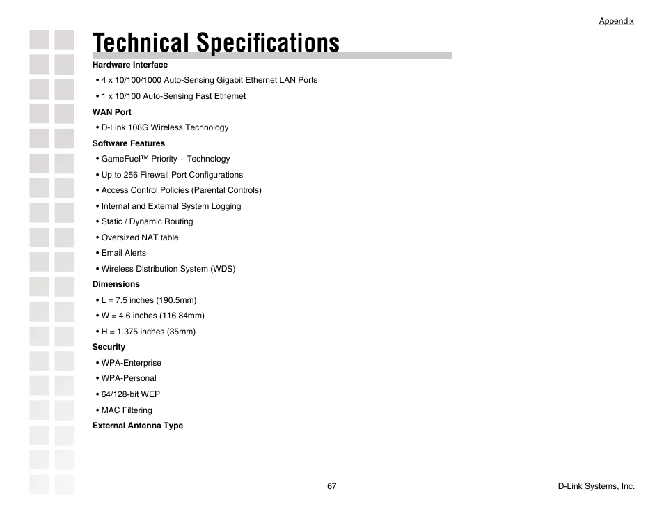 Technical speciﬁcations | D-Link DGL-4300 User Manual | Page 67 / 74