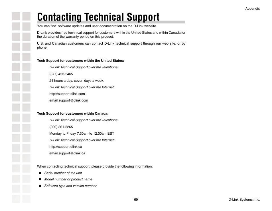Contacting technical support | D-Link DGL-4300 User Manual | Page 69 / 74