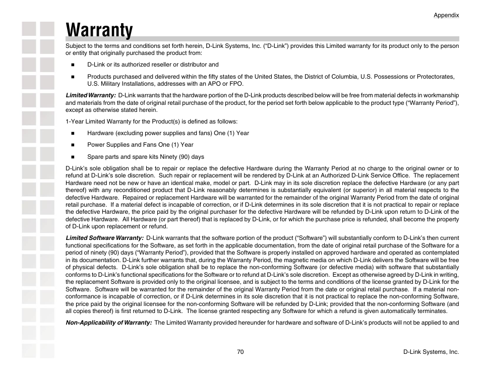 Warranty | D-Link DGL-4300 User Manual | Page 70 / 74