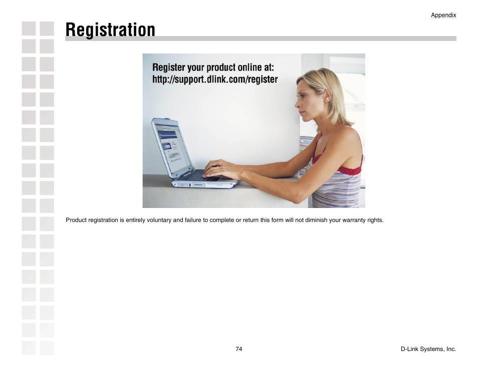 Registration | D-Link DGL-4300 User Manual | Page 74 / 74