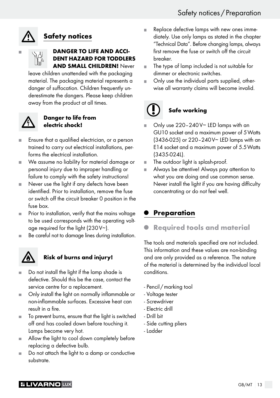 Safety notices / preparation introduction, Safety notices, Preparation required tools and material | Livarno 3433-025L, 3434-024L, 3435-024L or 3436-025L User Manual | Page 13 / 23