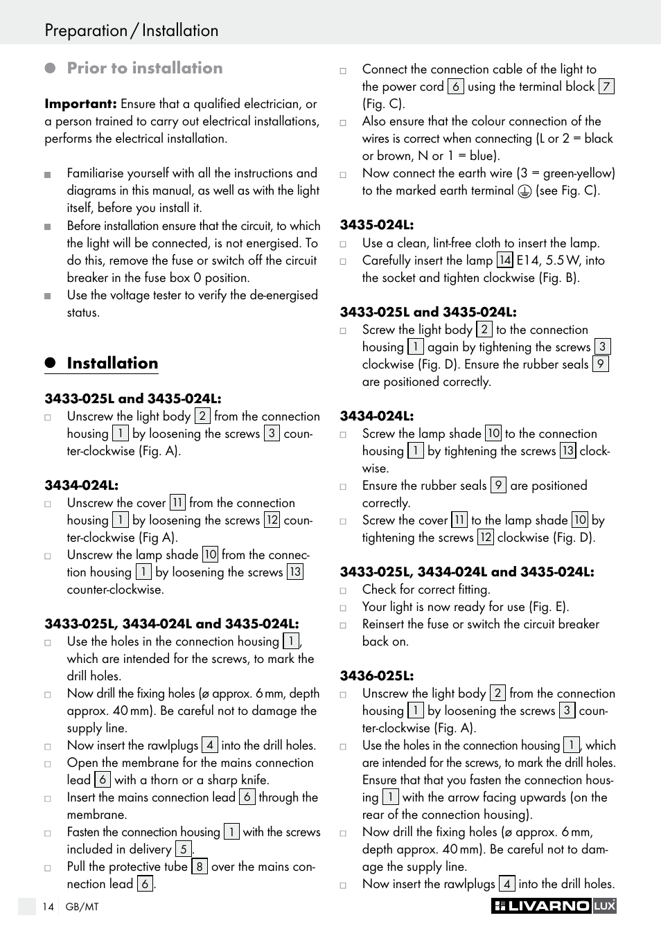 Prior to installation, Installation | Livarno 3433-025L, 3434-024L, 3435-024L or 3436-025L User Manual | Page 14 / 23