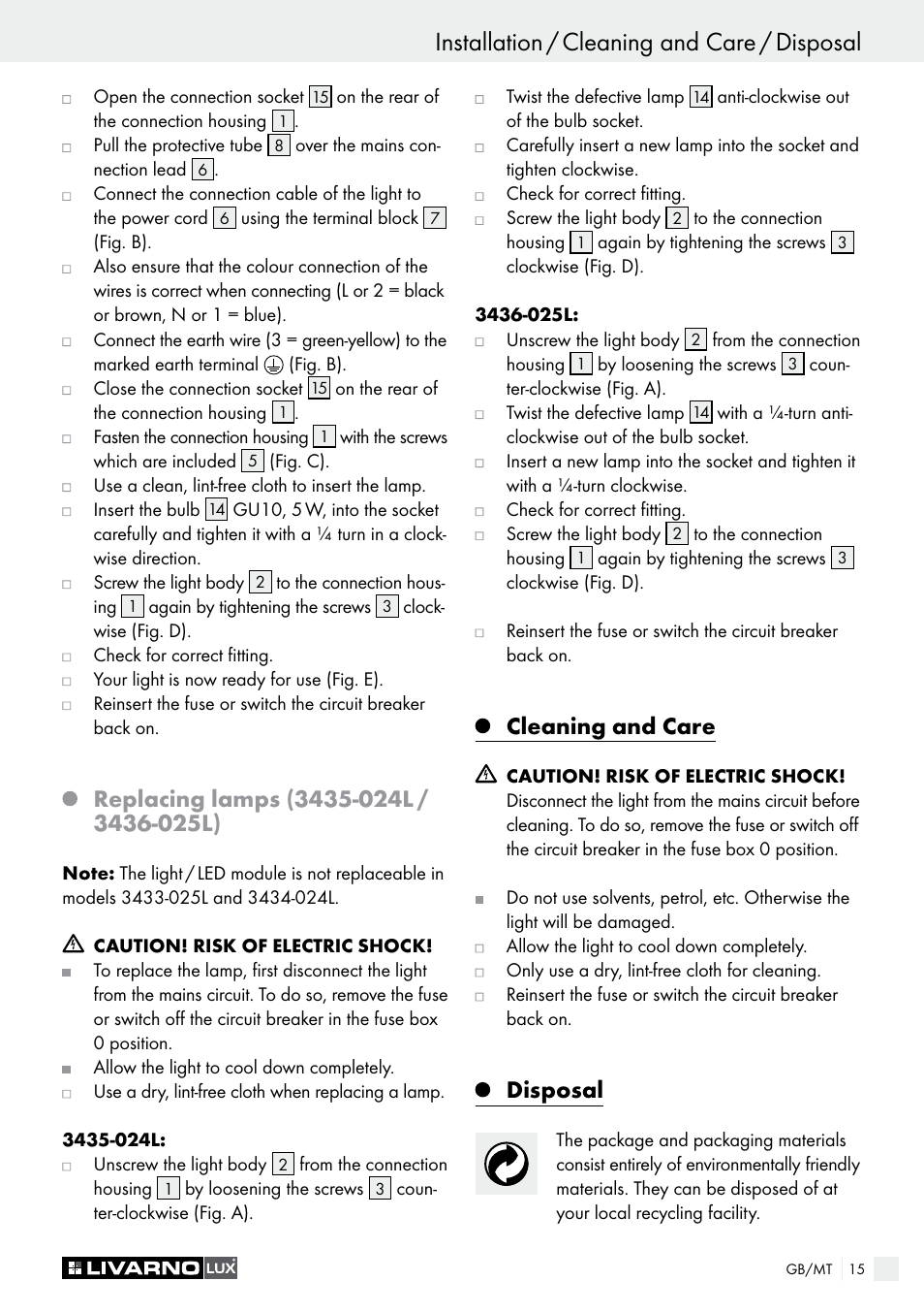 Cleaning and care, Disposal | Livarno 3433-025L, 3434-024L, 3435-024L or 3436-025L User Manual | Page 15 / 23