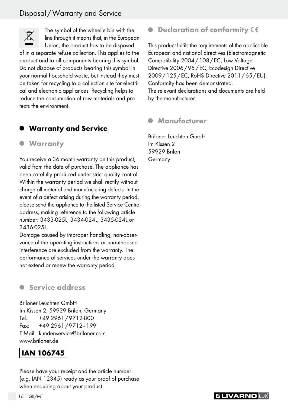 Inhaltsverzeichnis disposal / warranty and service | Livarno 3433-025L, 3434-024L, 3435-024L or 3436-025L User Manual | Page 16 / 23