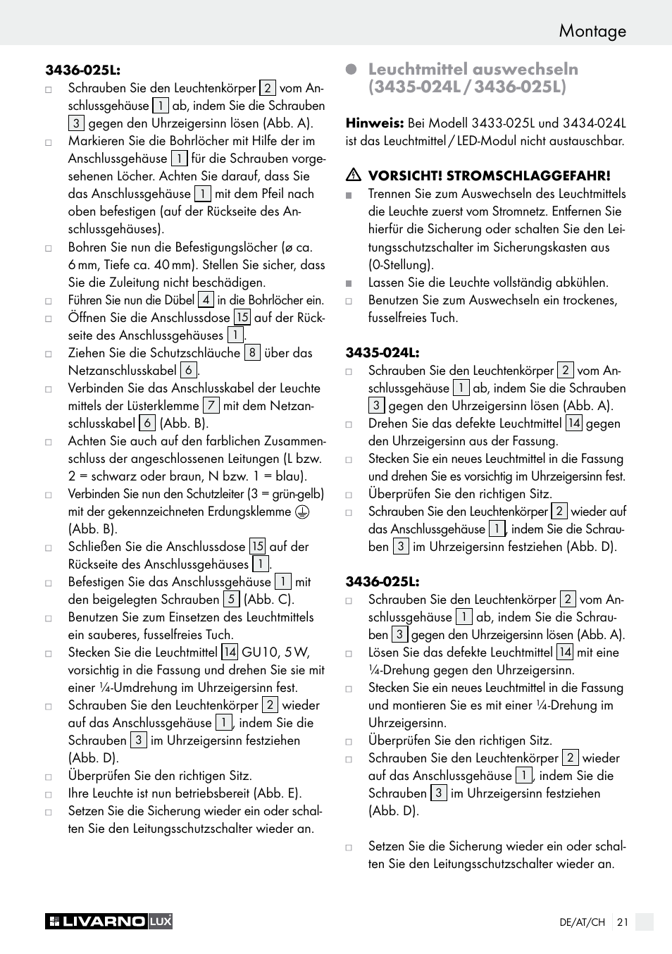 Montage vorbereitung / montage | Livarno 3433-025L, 3434-024L, 3435-024L or 3436-025L User Manual | Page 21 / 23
