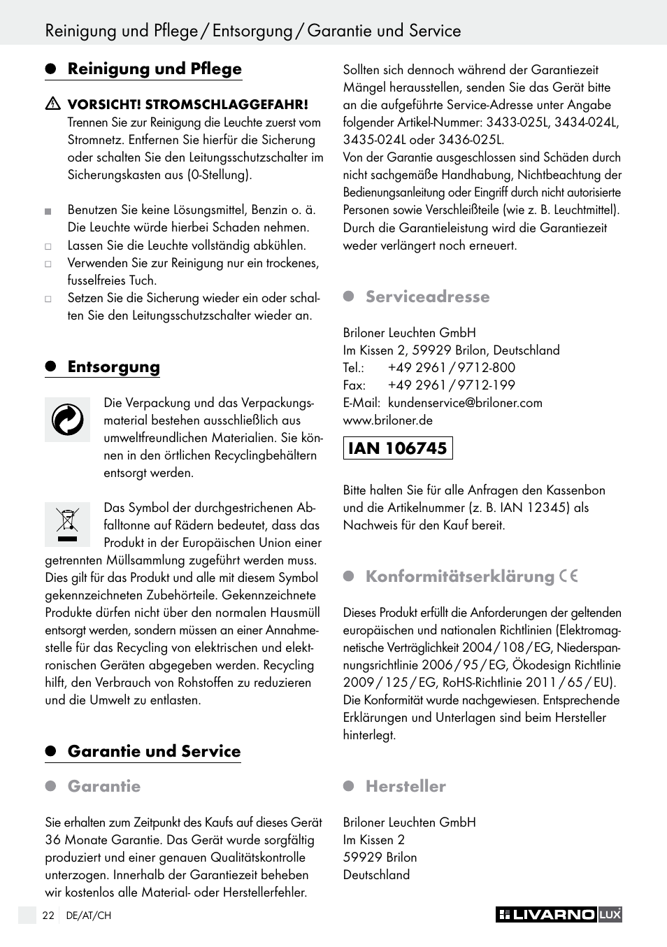 Reinigung und pflege, Entsorgung, Garantie und service garantie | Serviceadresse, Konformitätserklärung, Hersteller | Livarno 3433-025L, 3434-024L, 3435-024L or 3436-025L User Manual | Page 22 / 23