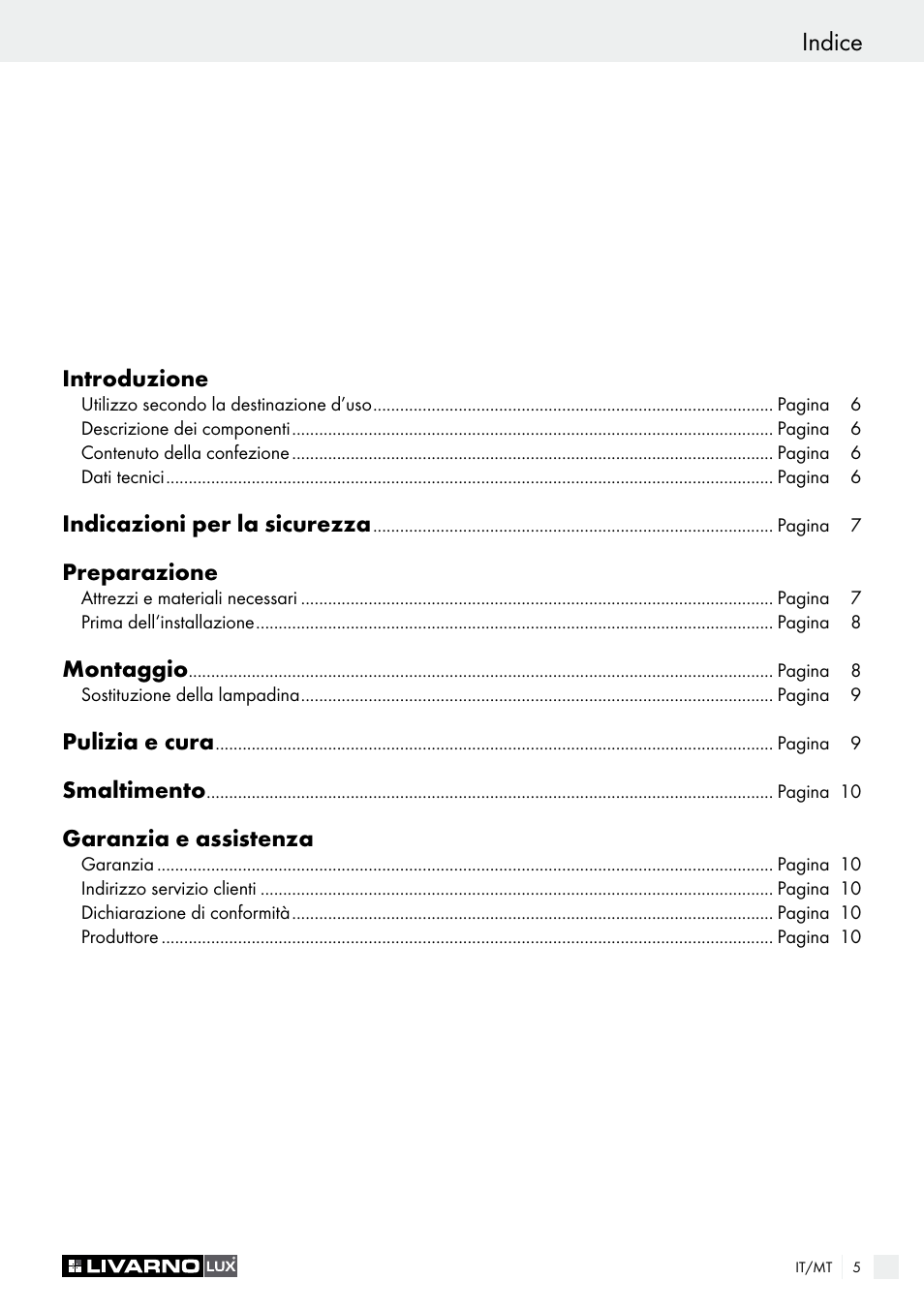 Indice | Livarno 3433-025L, 3434-024L, 3435-024L or 3436-025L User Manual | Page 5 / 23