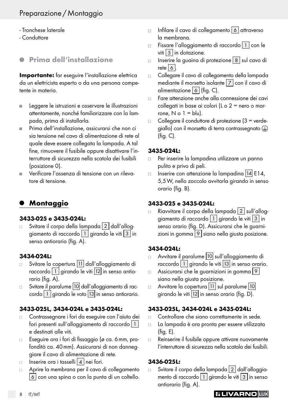 Prima dell‘installazione, Montaggio | Livarno 3433-025L, 3434-024L, 3435-024L or 3436-025L User Manual | Page 8 / 23