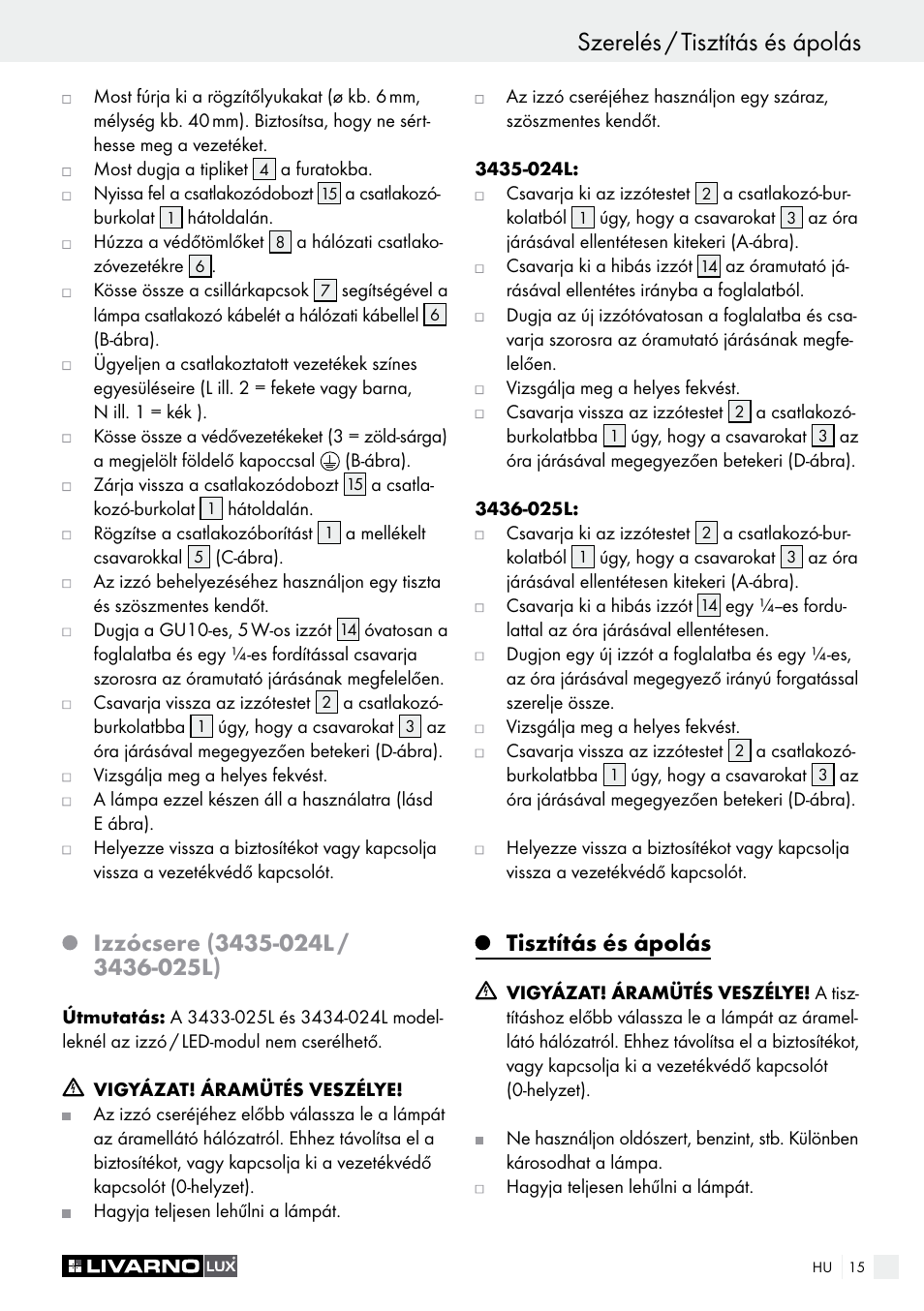 Tisztítás és ápolás | Livarno 3433-025L, 3434-024L, 3435-024L or 3436-025L User Manual | Page 15 / 43