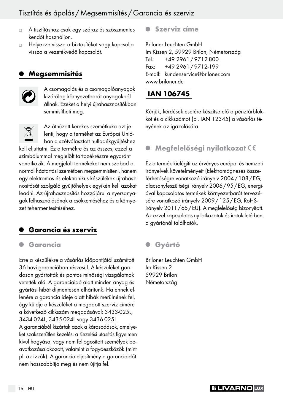 Livarno 3433-025L, 3434-024L, 3435-024L or 3436-025L User Manual | Page 16 / 43