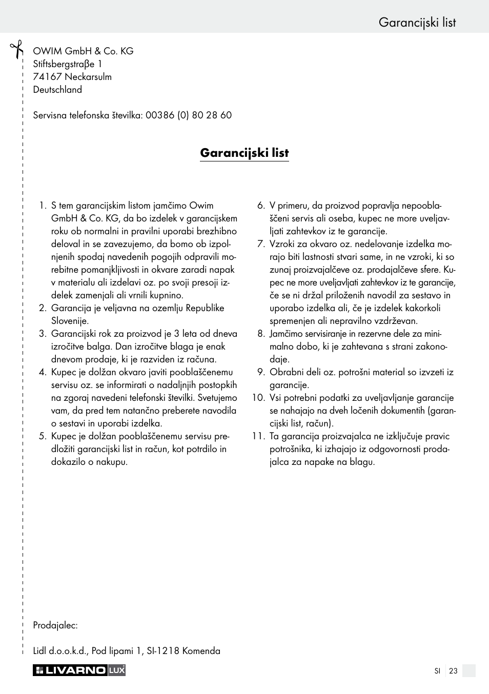 Garancijski list | Livarno 3433-025L, 3434-024L, 3435-024L or 3436-025L User Manual | Page 23 / 43