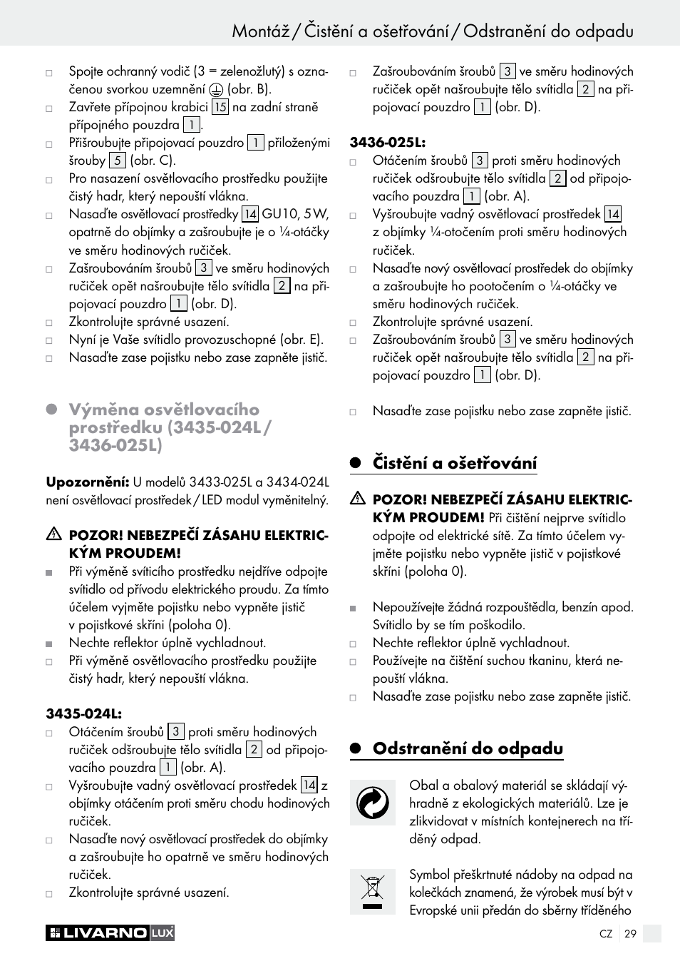 Čistění a ošetřování, Odstranění do odpadu | Livarno 3433-025L, 3434-024L, 3435-024L or 3436-025L User Manual | Page 29 / 43