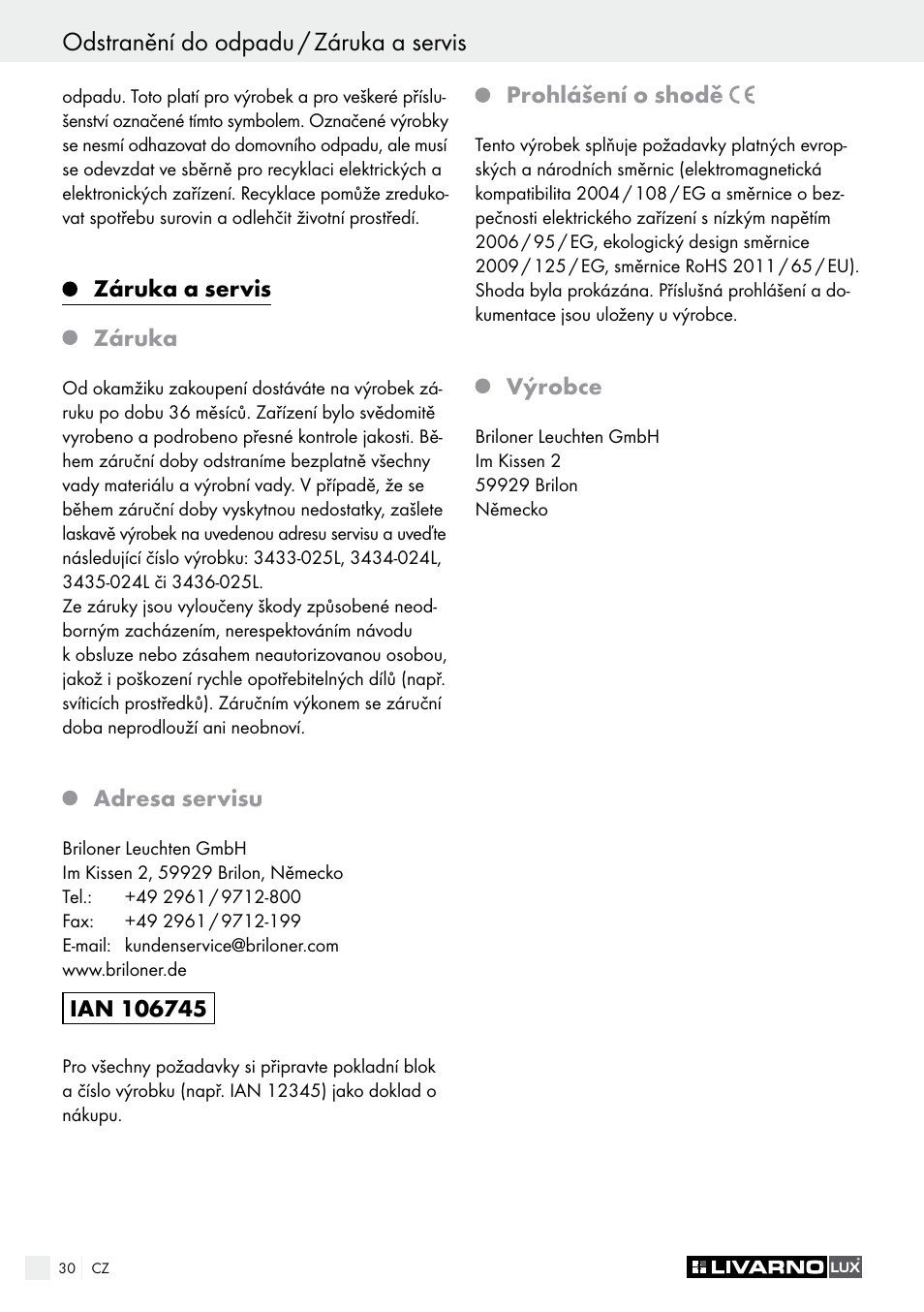 Livarno 3433-025L, 3434-024L, 3435-024L or 3436-025L User Manual | Page 30 / 43