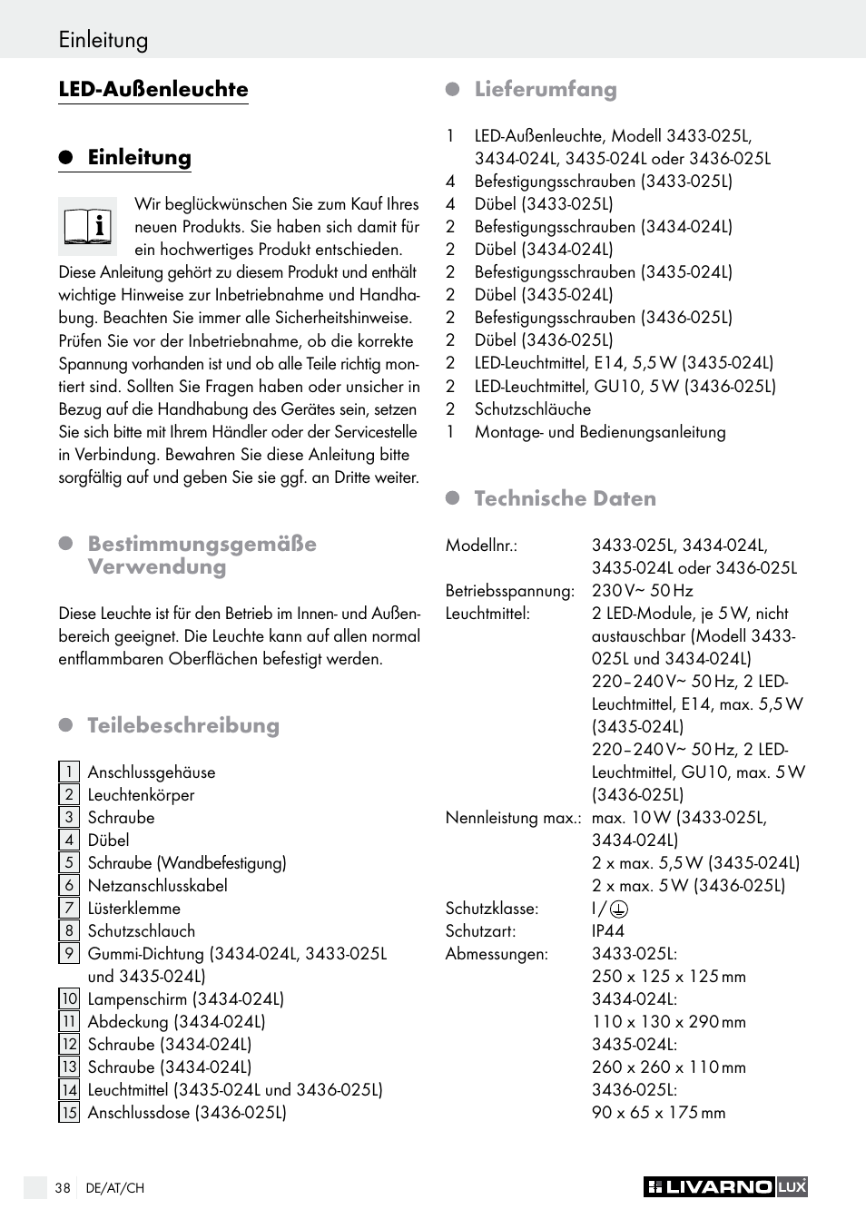 Einleitung, Sicherheitshinweise / vorbereitung, Led-außenleuchte einleitung | Bestimmungsgemäße verwendung, Teilebeschreibung, Lieferumfang, Technische daten | Livarno 3433-025L, 3434-024L, 3435-024L or 3436-025L User Manual | Page 38 / 43