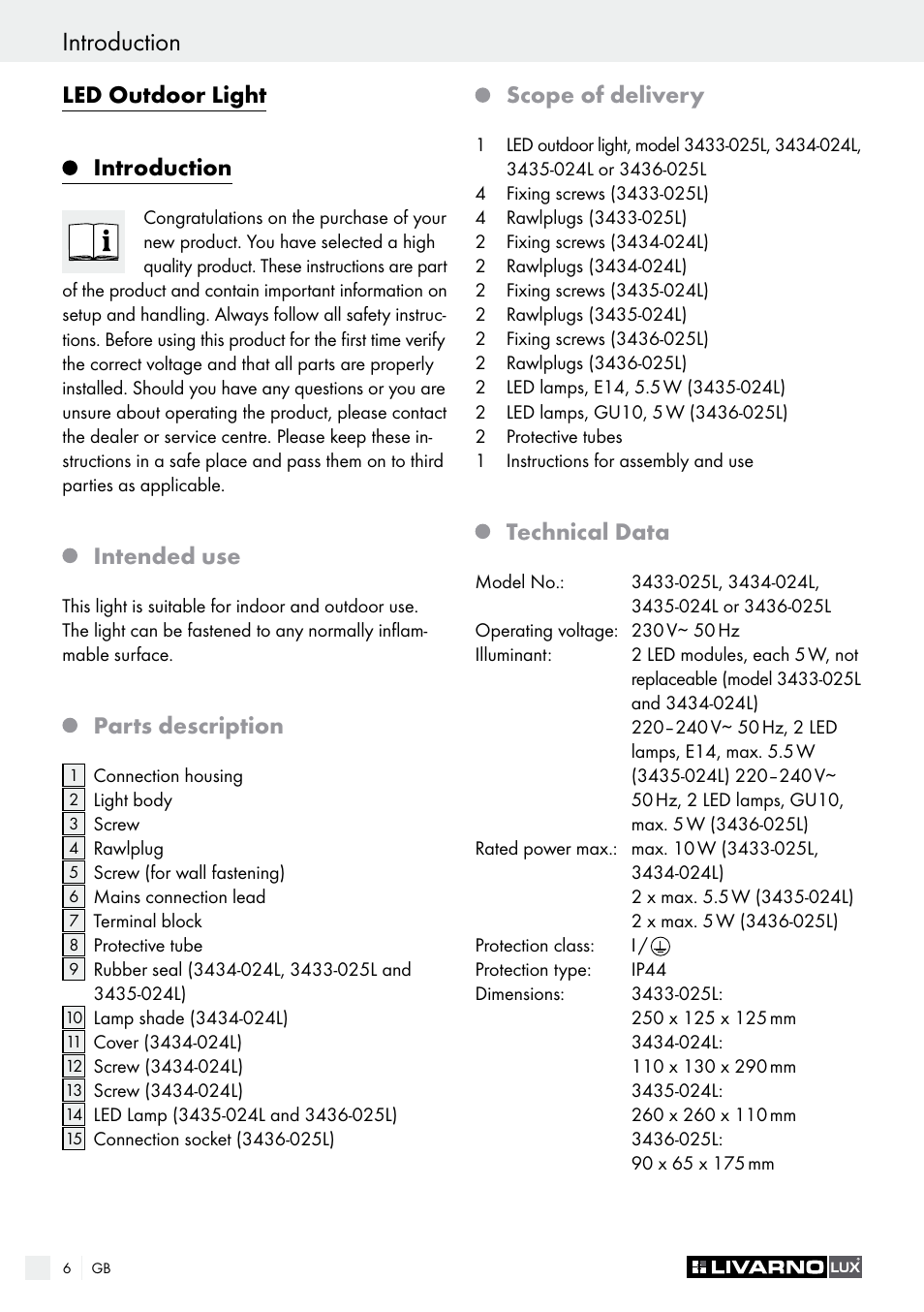 Safety notices / preparation introduction, Led outdoor light introduction, Intended use | Parts description, Scope of delivery, Technical data | Livarno 3433-025L, 3434-024L, 3435-024L or 3436-025L User Manual | Page 6 / 43