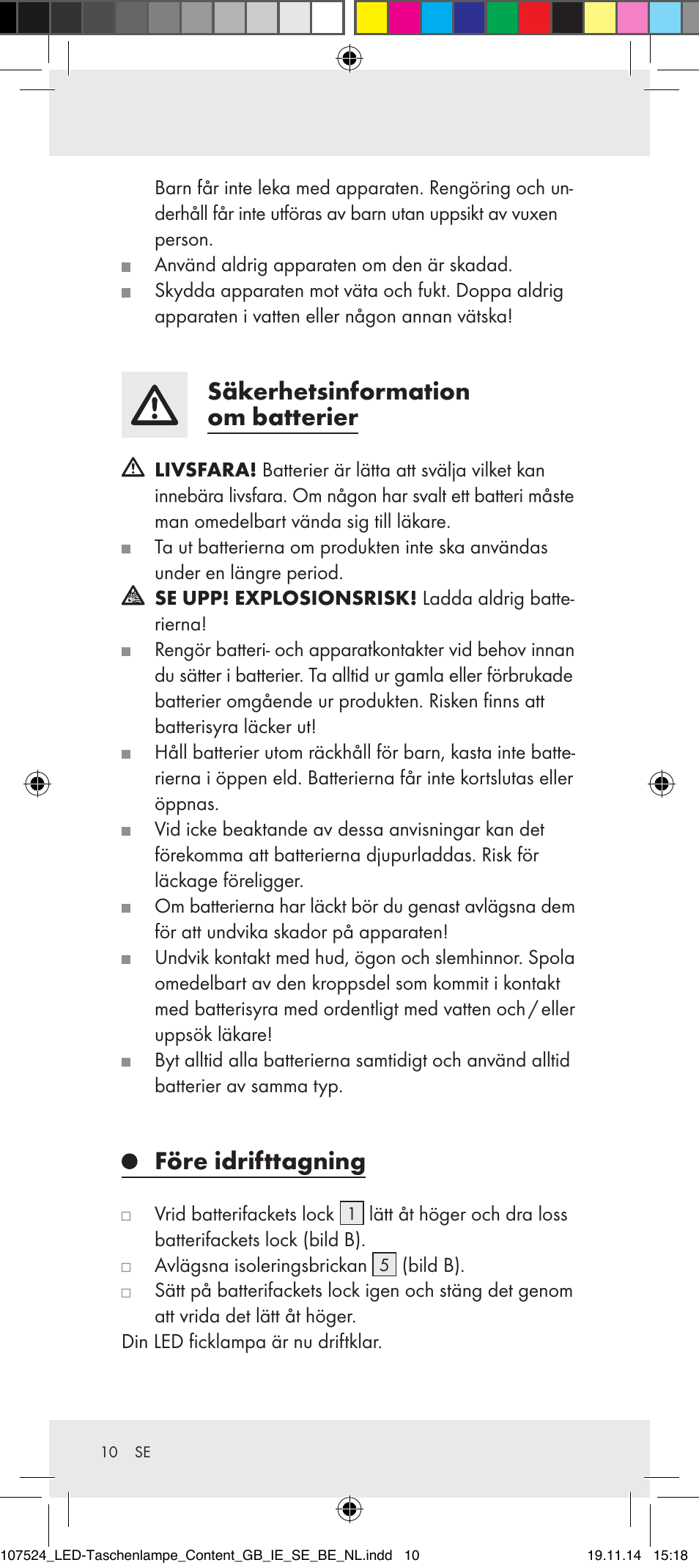 Säkerhetsinformation om batterier, Före idrifttagning | Livarno 107524-14-01/107524-14-02/ 107524-14-03 User Manual | Page 10 / 28