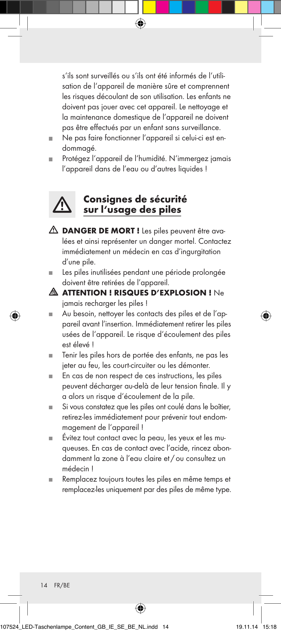 Consignes de sécurité sur l‘usage des piles | Livarno 107524-14-01/107524-14-02/ 107524-14-03 User Manual | Page 14 / 28