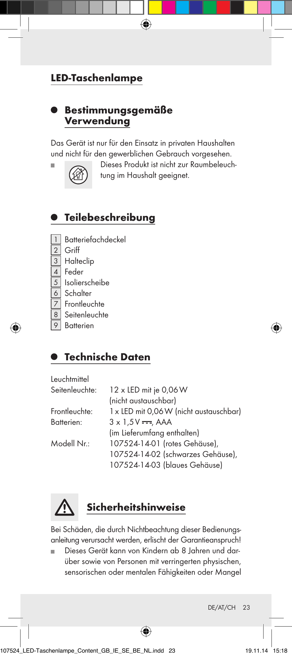 Led-taschenlampe bestimmungsgemäße verwendung, Teilebeschreibung, Technische daten | Sicherheitshinweise | Livarno 107524-14-01/107524-14-02/ 107524-14-03 User Manual | Page 23 / 28