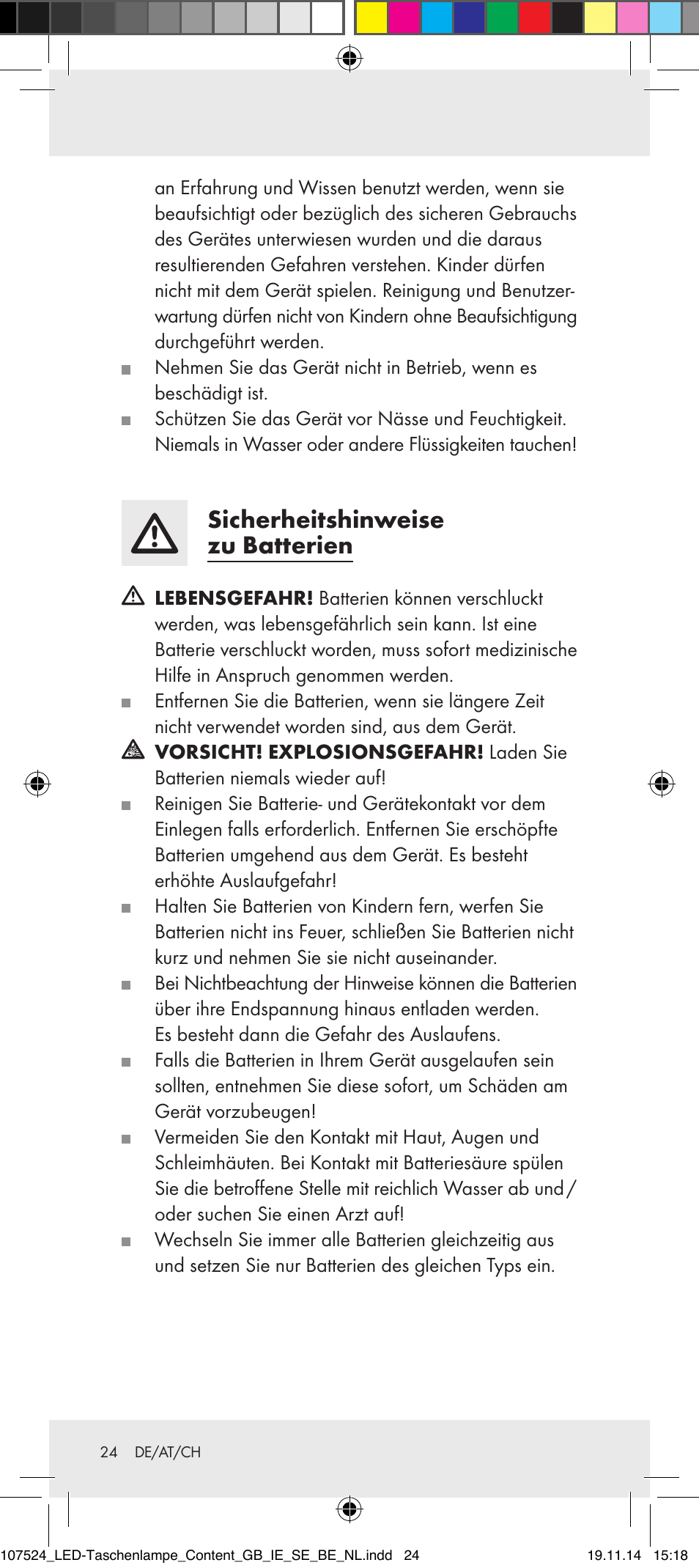 Sicherheitshinweise zu batterien | Livarno 107524-14-01/107524-14-02/ 107524-14-03 User Manual | Page 24 / 28