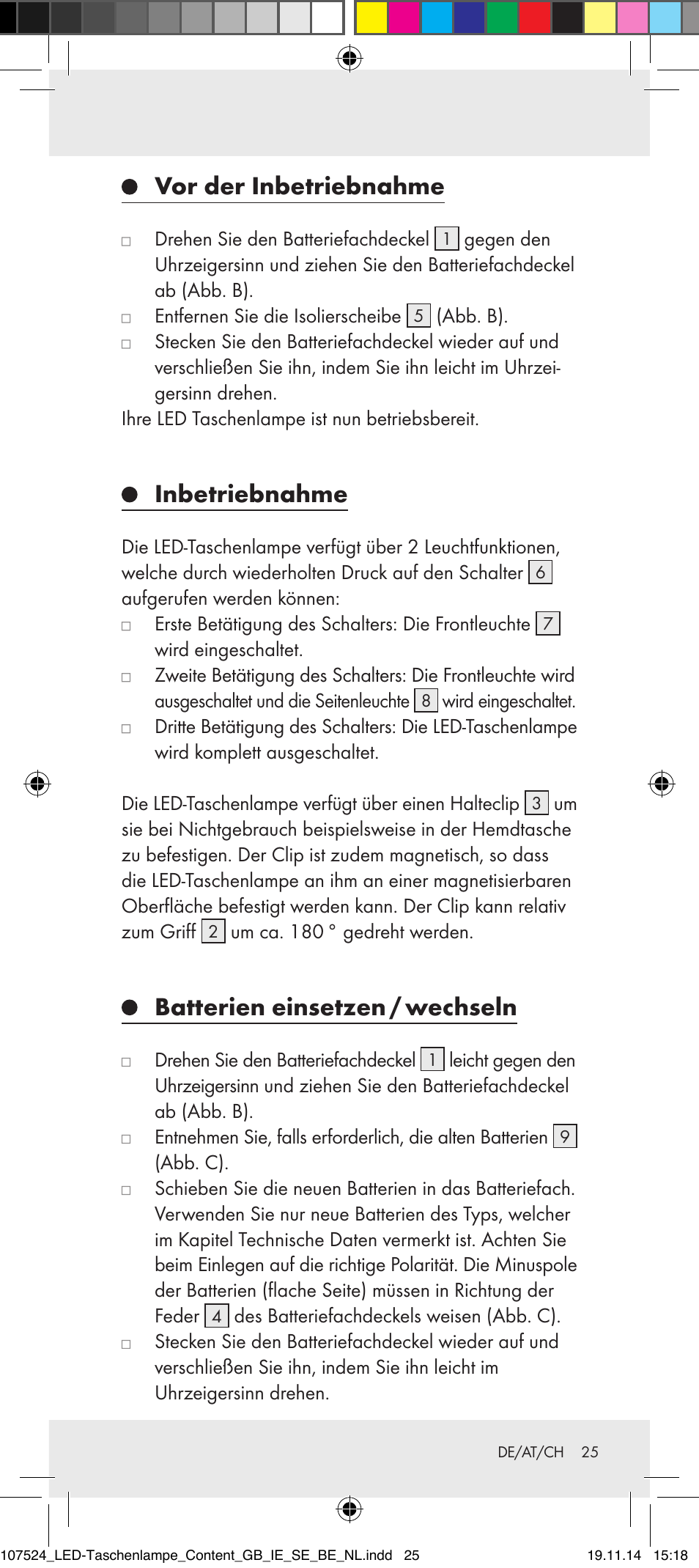 Vor der inbetriebnahme, Inbetriebnahme, Batterien einsetzen / wechseln | Livarno 107524-14-01/107524-14-02/ 107524-14-03 User Manual | Page 25 / 28