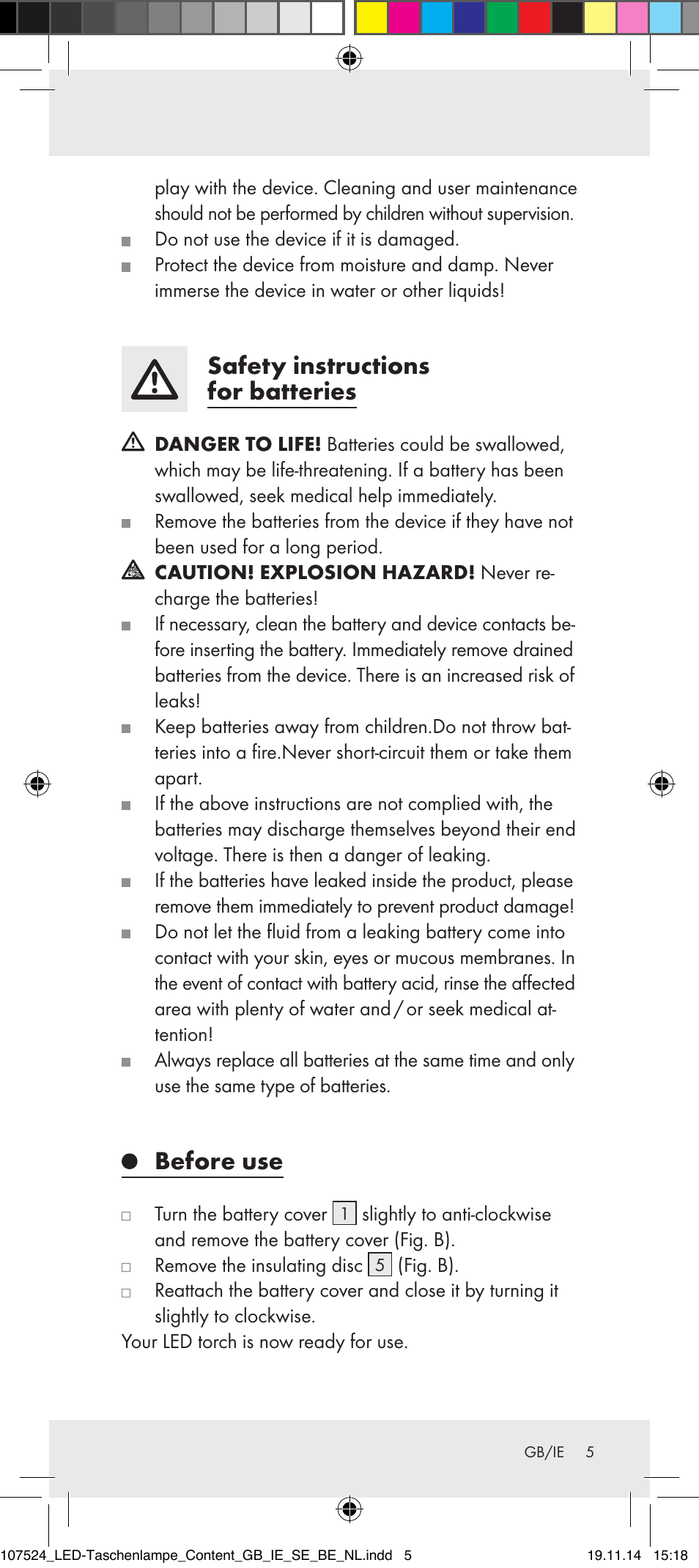 Safety instructions for batteries, Before use | Livarno 107524-14-01/107524-14-02/ 107524-14-03 User Manual | Page 5 / 28