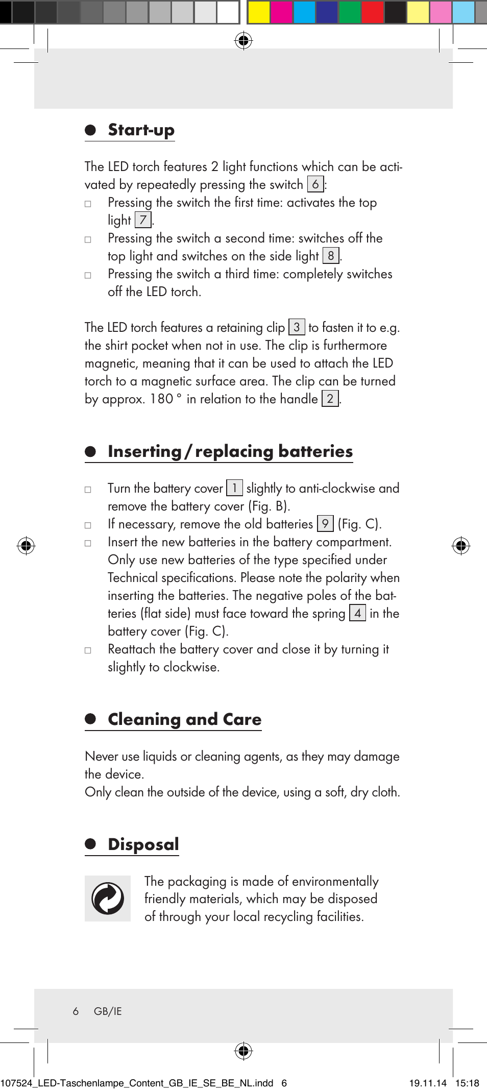 Start-up, Inserting / replacing batteries, Cleaning and care | Disposal | Livarno 107524-14-01/107524-14-02/ 107524-14-03 User Manual | Page 6 / 28