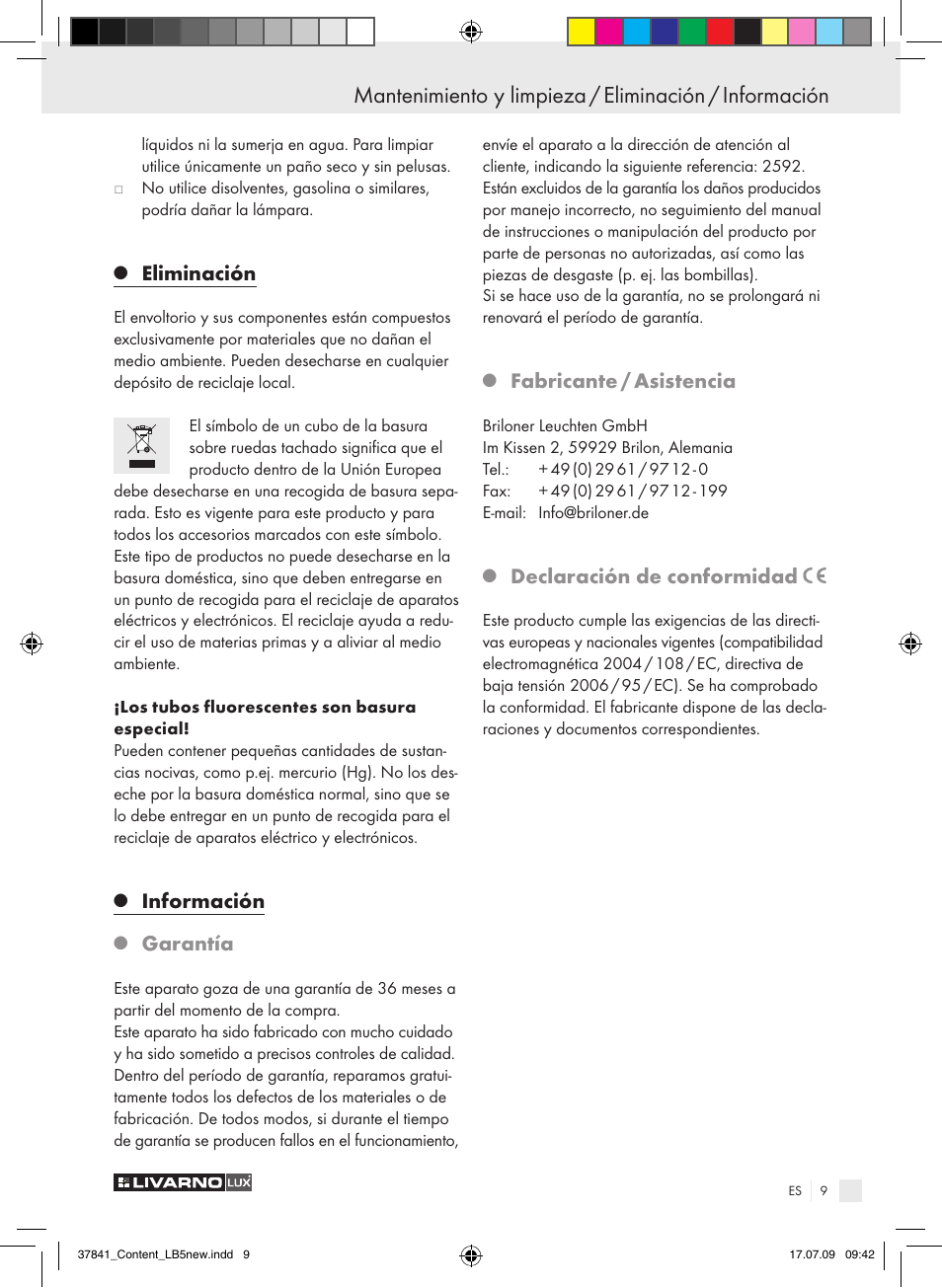 Eliminación, Información, Garantía | Fabricante / asistencia, Declaración de conformidad | Livarno 2592 User Manual | Page 10 / 37