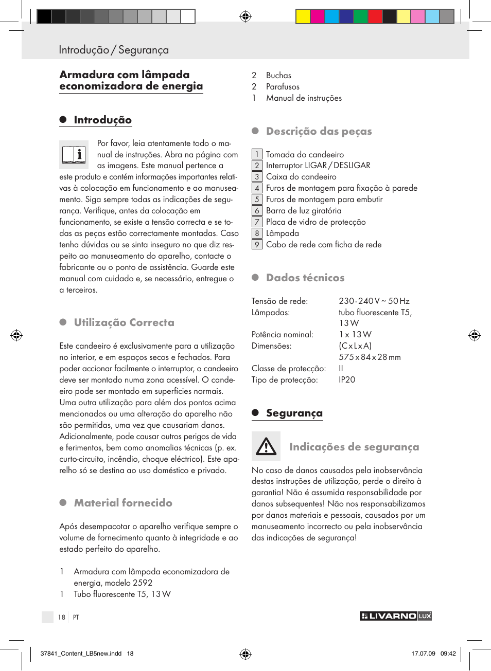 Introdução / segurança, Armadura com lâmpada economizadora de energia, Introdução | Utilização correcta, Material fornecido, Descrição das peças, Dados técnicos, Segurança, Indicações de segurança | Livarno 2592 User Manual | Page 19 / 37