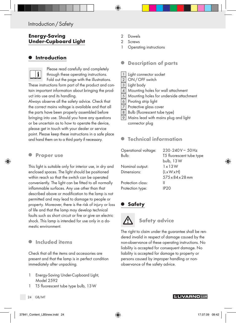 Introduction / safety, Energy-saving under-cupboard light, Introduction | Proper use, Included items, Description of parts, Technical information, Safety, Safety advice | Livarno 2592 User Manual | Page 25 / 37