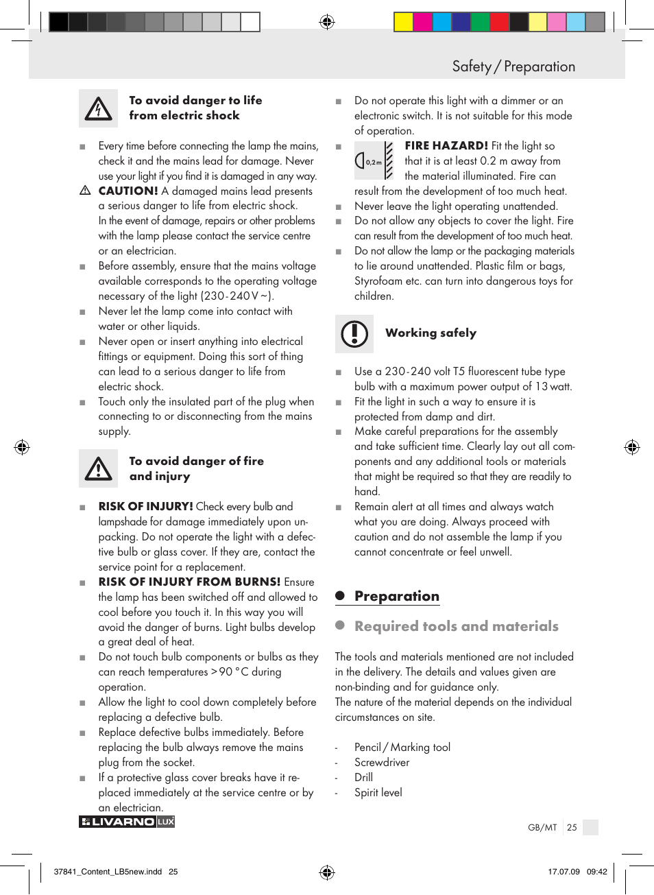 Safety / preparation, Preparation, Required tools and materials | Livarno 2592 User Manual | Page 26 / 37