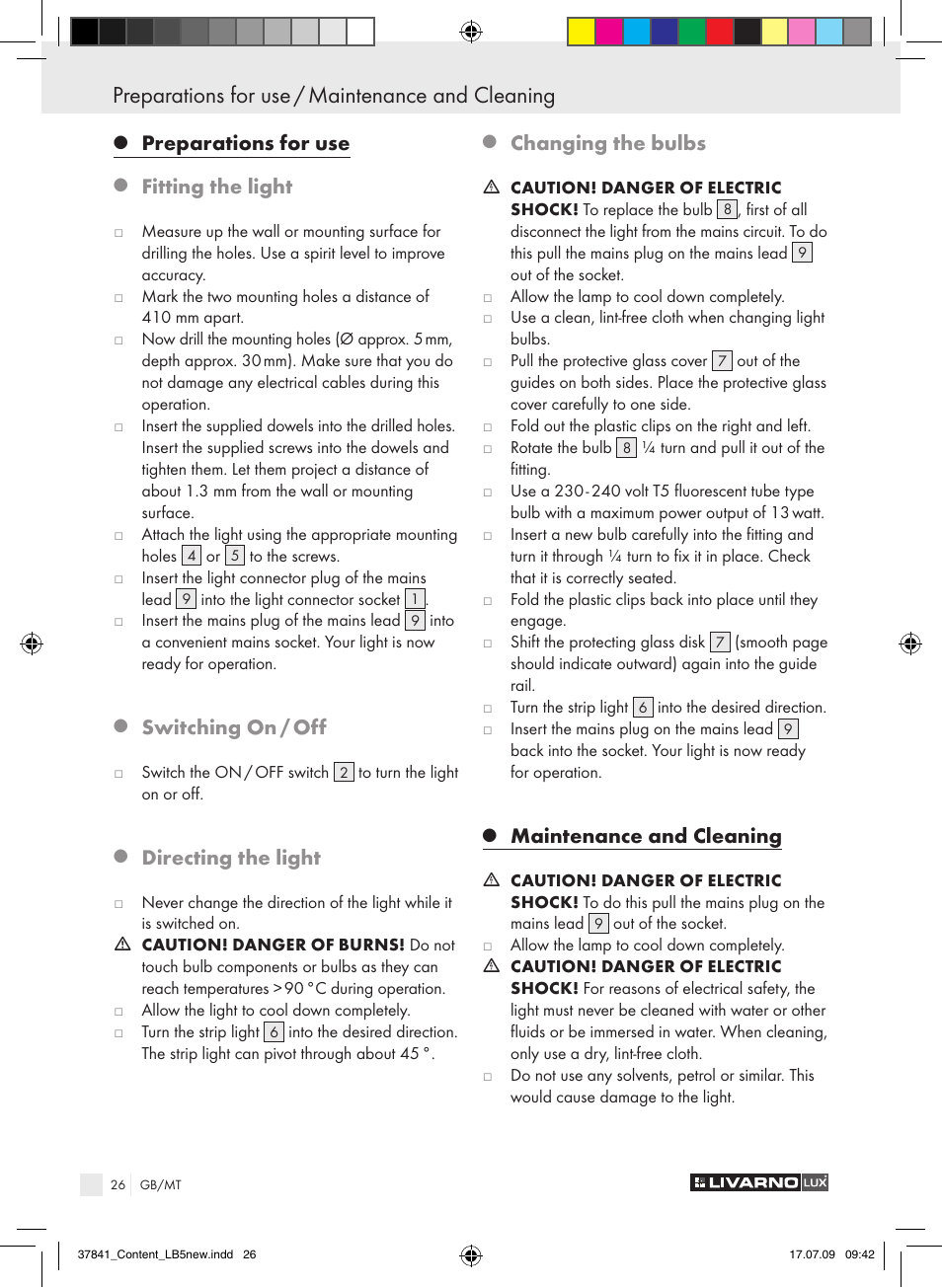 Preparations for use / maintenance and cleaning, Preparations for use, Fitting the light | Switching on / off, Directing the light, Changing the bulbs, Maintenance and cleaning | Livarno 2592 User Manual | Page 27 / 37