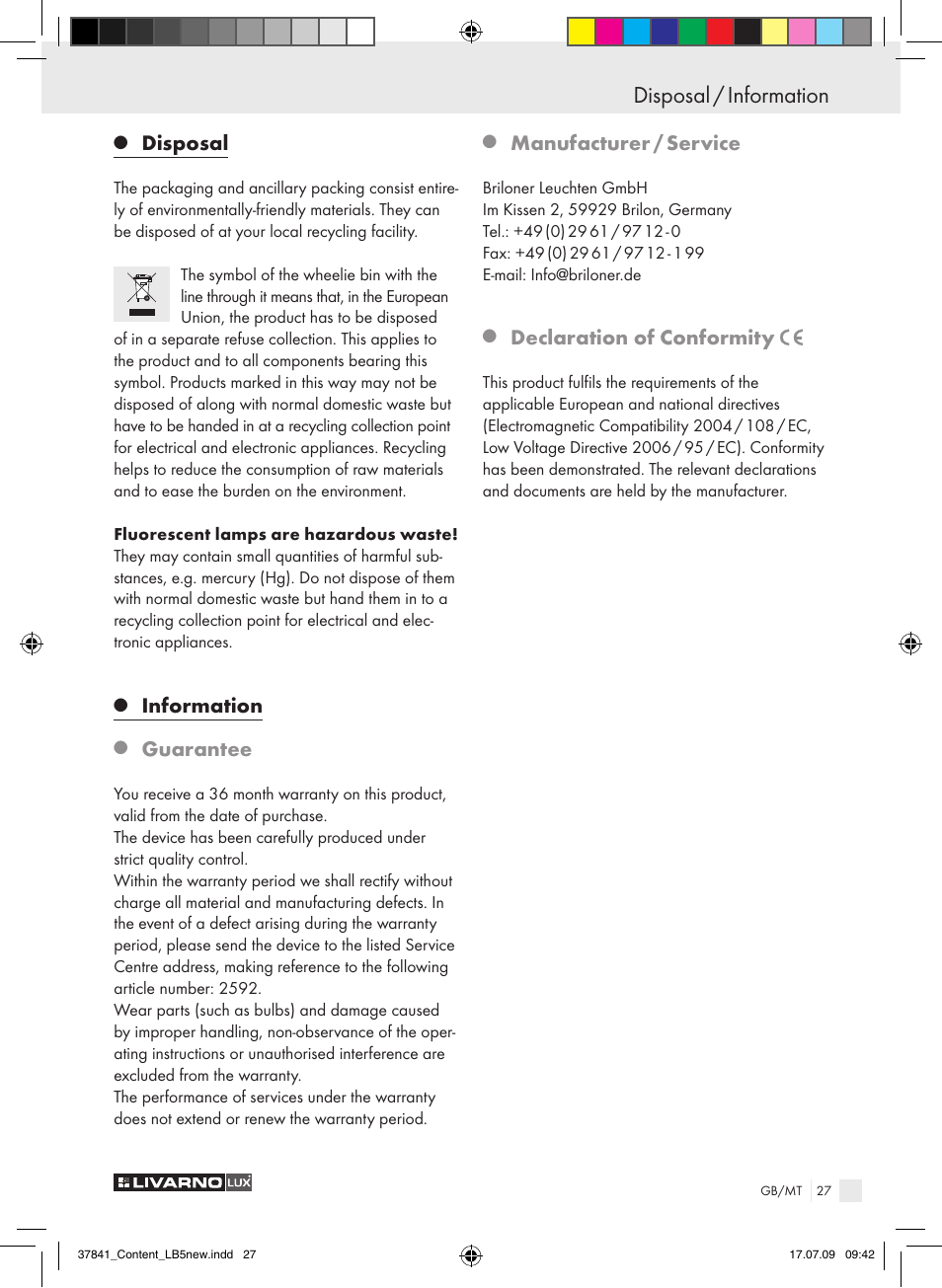 Disposal / information, Disposal, Information | Guarantee, Manufacturer / service, Declaration of conformity | Livarno 2592 User Manual | Page 28 / 37