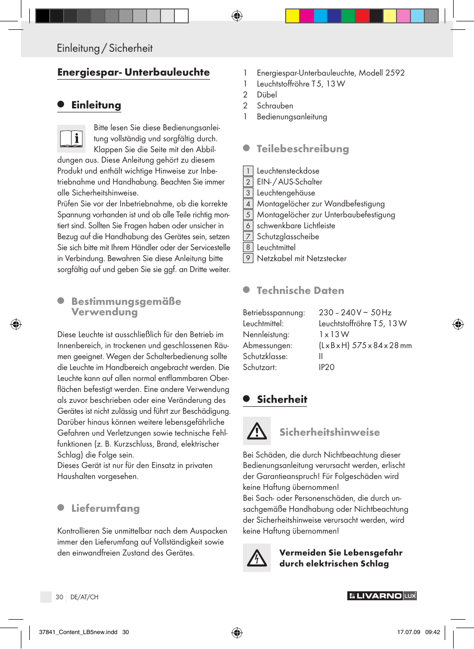 Einleitung / sicherheit, Energiespar- unterbauleuchte, Einleitung | Bestimmungsgemäße verwendung, Lieferumfang, Teilebeschreibung, Technische daten, Sicherheit, Sicherheitshinweise | Livarno 2592 User Manual | Page 31 / 37