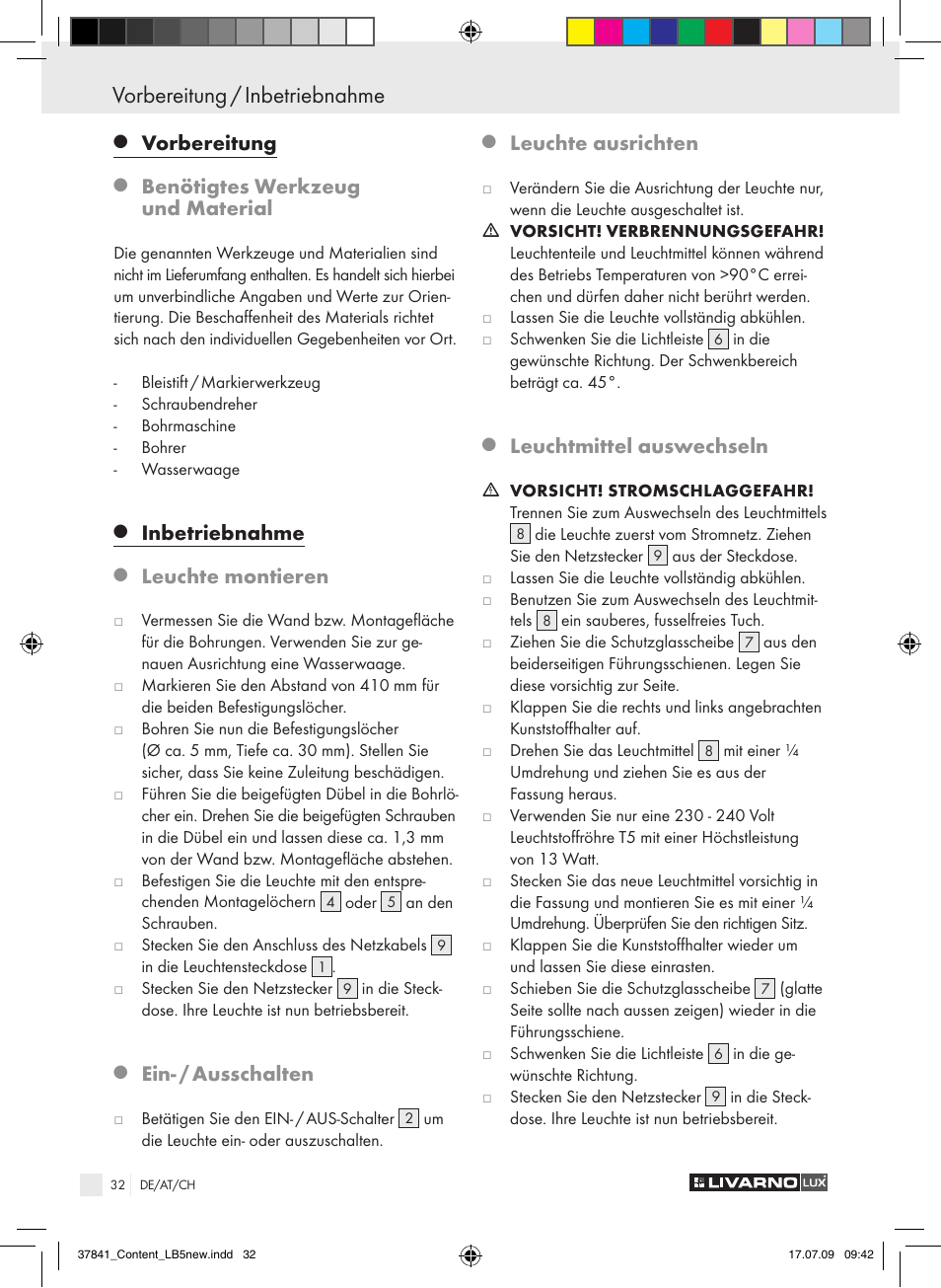 Vorbereitung / inbetriebnahme, Vorbereitung, Benötigtes werkzeug und material | Inbetriebnahme, Leuchte montieren, Ein- / ausschalten, Leuchte ausrichten, Leuchtmittel auswechseln | Livarno 2592 User Manual | Page 33 / 37