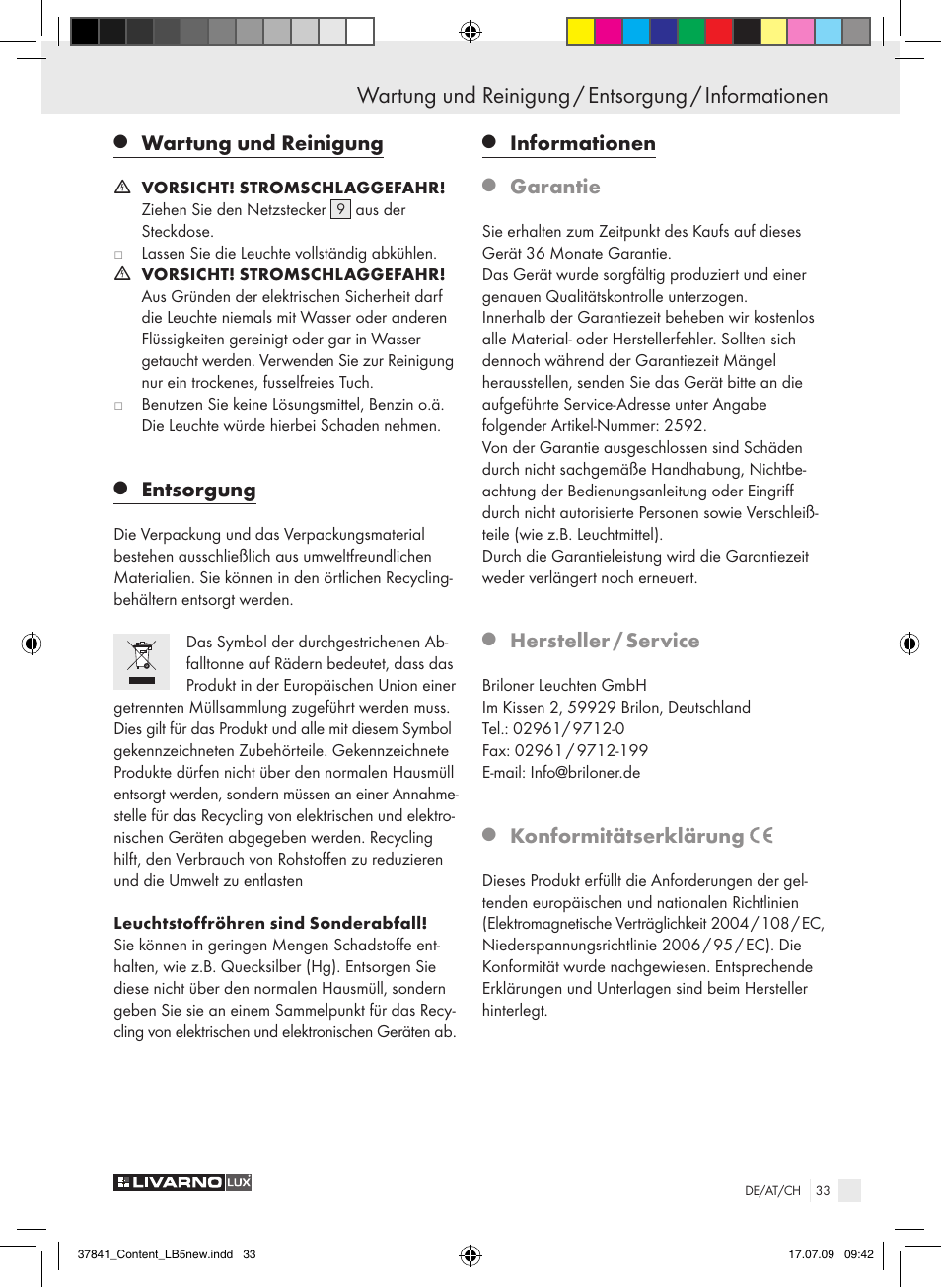 Wartung und reinigung / entsorgung / informationen, Wartung und reinigung, Entsorgung | Informationen, Garantie, Hersteller / service, Konformitätserklärung | Livarno 2592 User Manual | Page 34 / 37