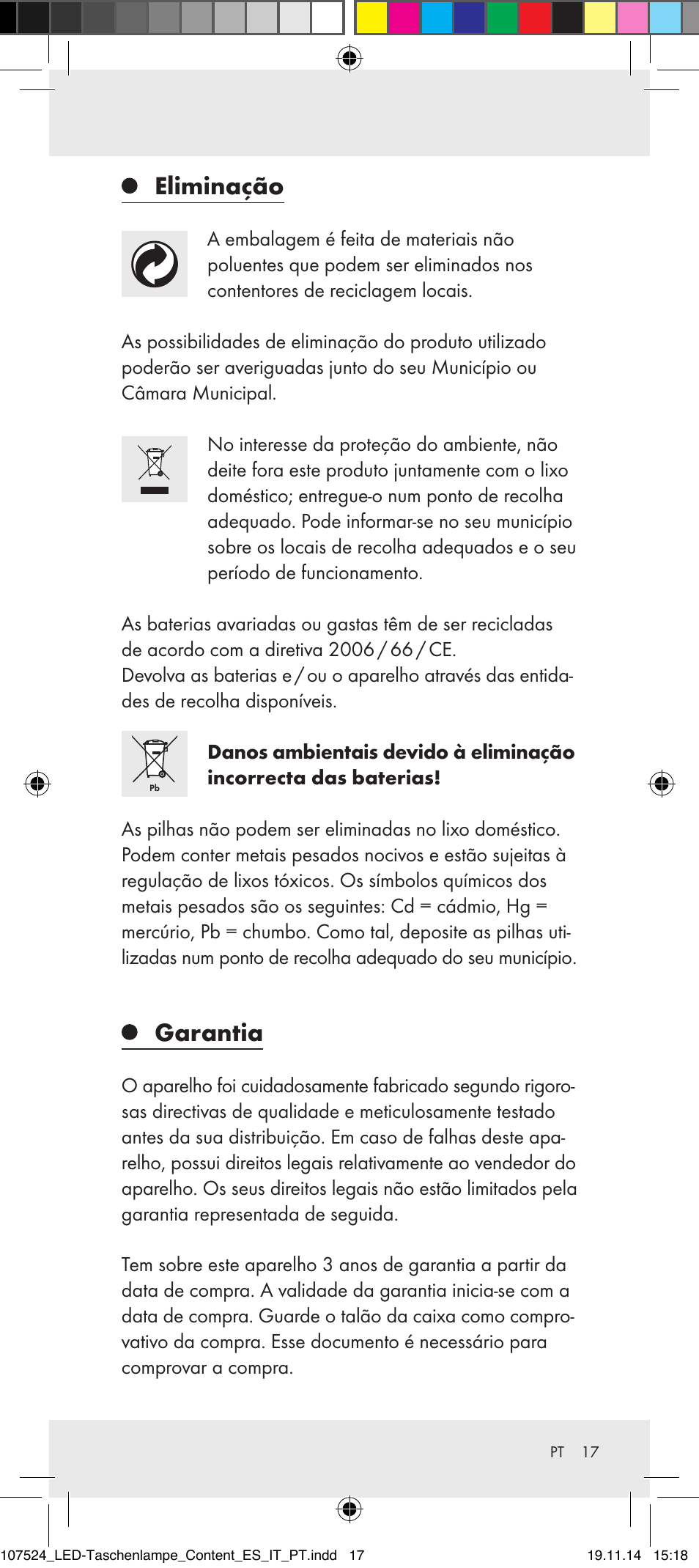 Eliminação, Garantia | Livarno 107524-14-01/107524-14-02/ 107524-14-03 User Manual | Page 17 / 29