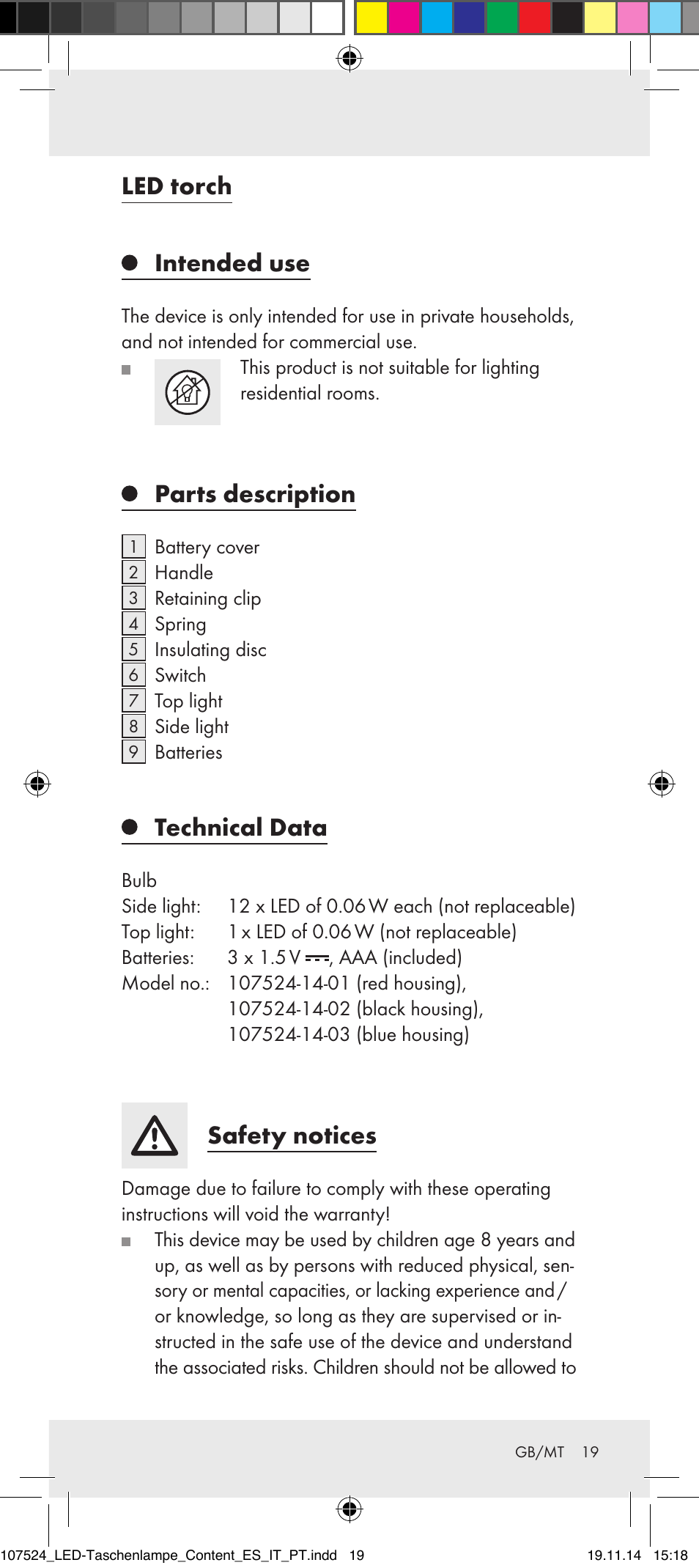 Led torch intended use, Parts description, Technical data | Safety notices | Livarno 107524-14-01/107524-14-02/ 107524-14-03 User Manual | Page 19 / 29