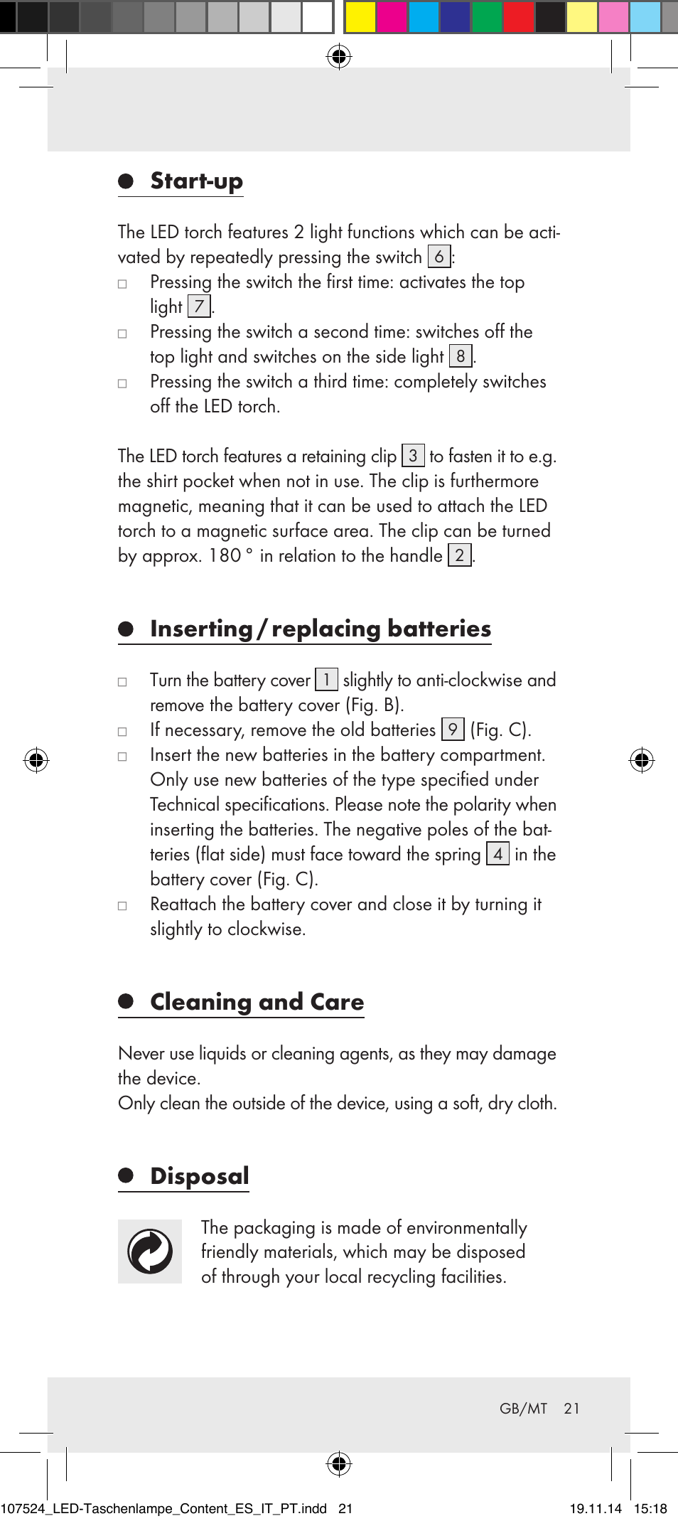 Start-up, Inserting / replacing batteries, Cleaning and care | Disposal | Livarno 107524-14-01/107524-14-02/ 107524-14-03 User Manual | Page 21 / 29