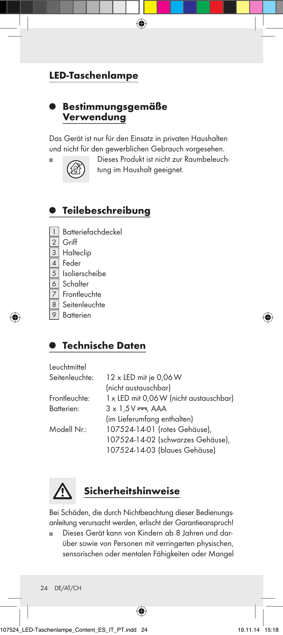 Led-taschenlampe bestimmungsgemäße verwendung, Teilebeschreibung, Technische daten | Sicherheitshinweise | Livarno 107524-14-01/107524-14-02/ 107524-14-03 User Manual | Page 24 / 29