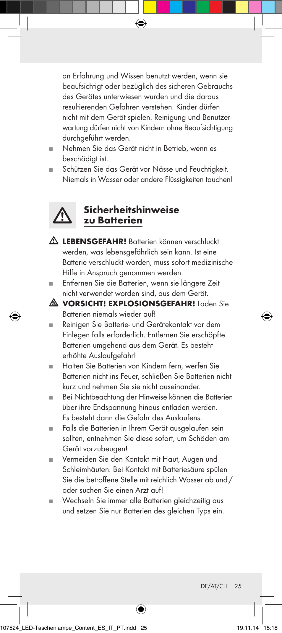 Sicherheitshinweise zu batterien | Livarno 107524-14-01/107524-14-02/ 107524-14-03 User Manual | Page 25 / 29