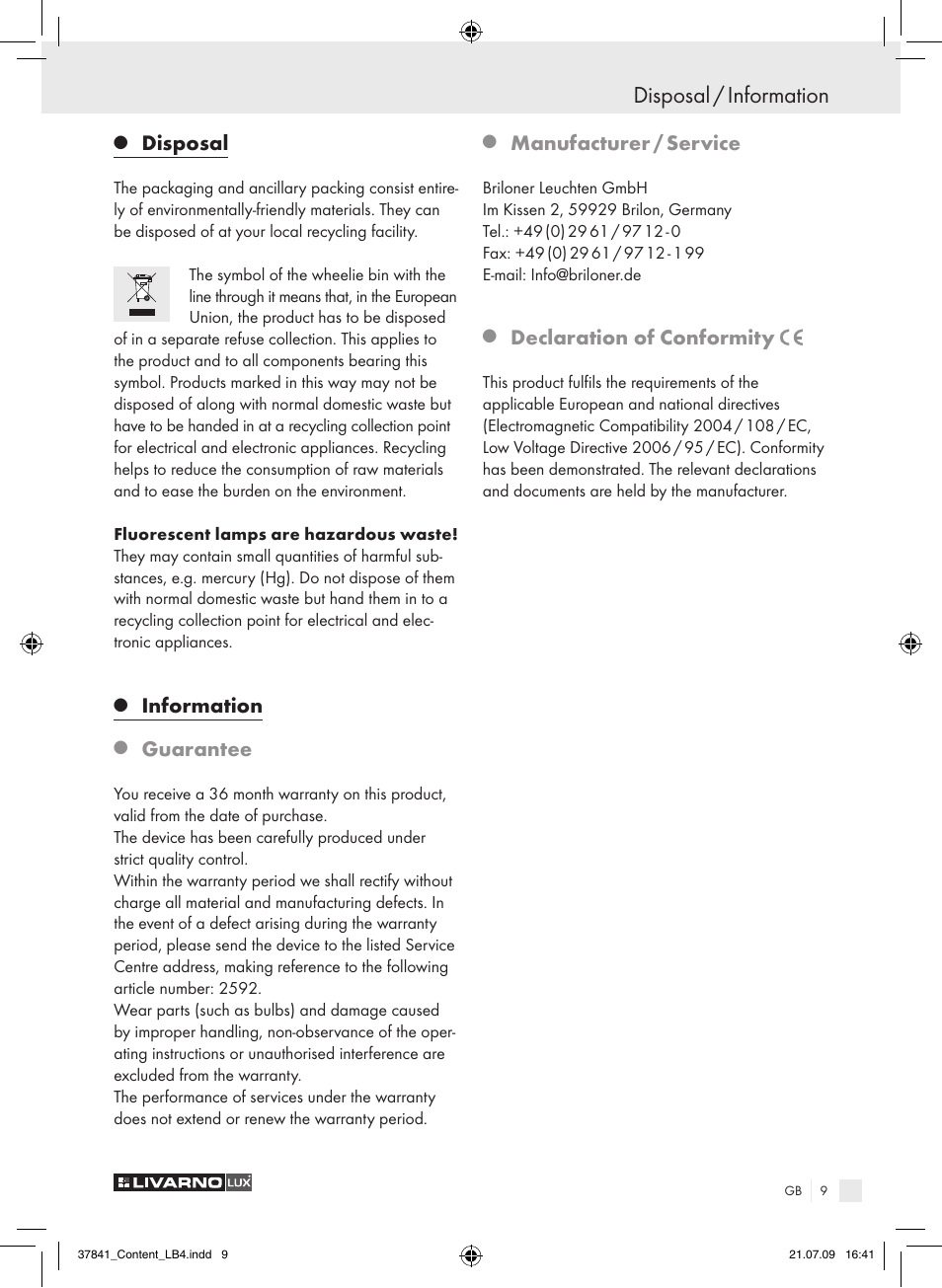 Disposal / information, Disposal, Information | Guarantee, Manufacturer / service, Declaration of conformity | Livarno 2592 User Manual | Page 10 / 53