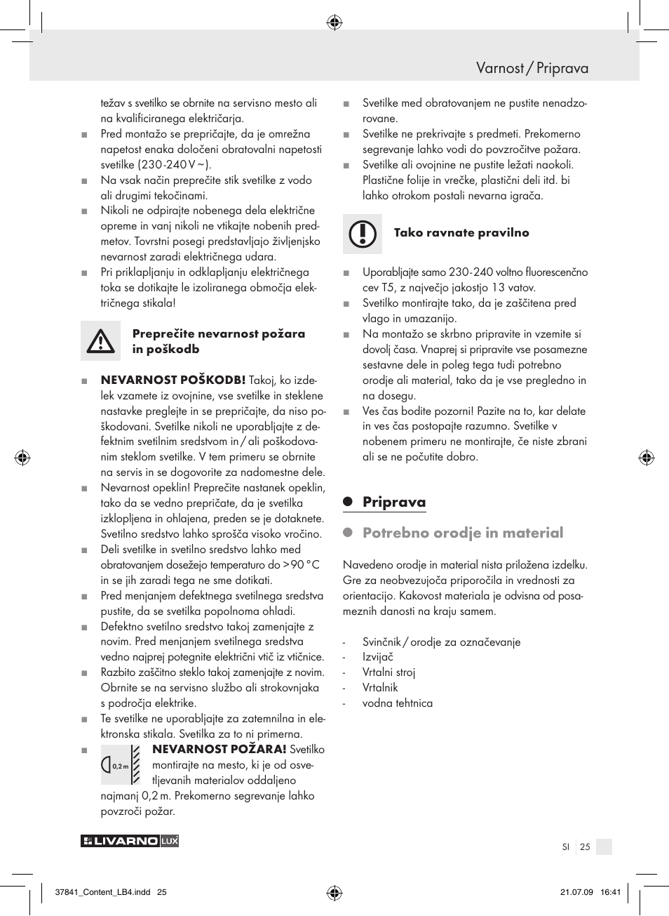 Varnost / priprava, Priprava, Potrebno orodje in material | Livarno 2592 User Manual | Page 26 / 53