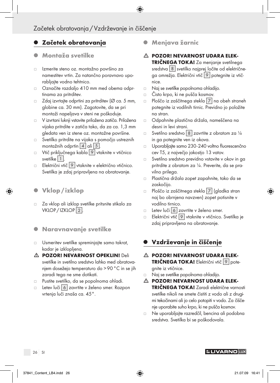 Začetek obratovanja / vzdrževanje in čiščenje, Začetek obratovanja, Montaža svetilke | Vklop / izklop, Naravnavanje svetilke, Menjava žarnic, Vzdrževanje in čiščenje | Livarno 2592 User Manual | Page 27 / 53