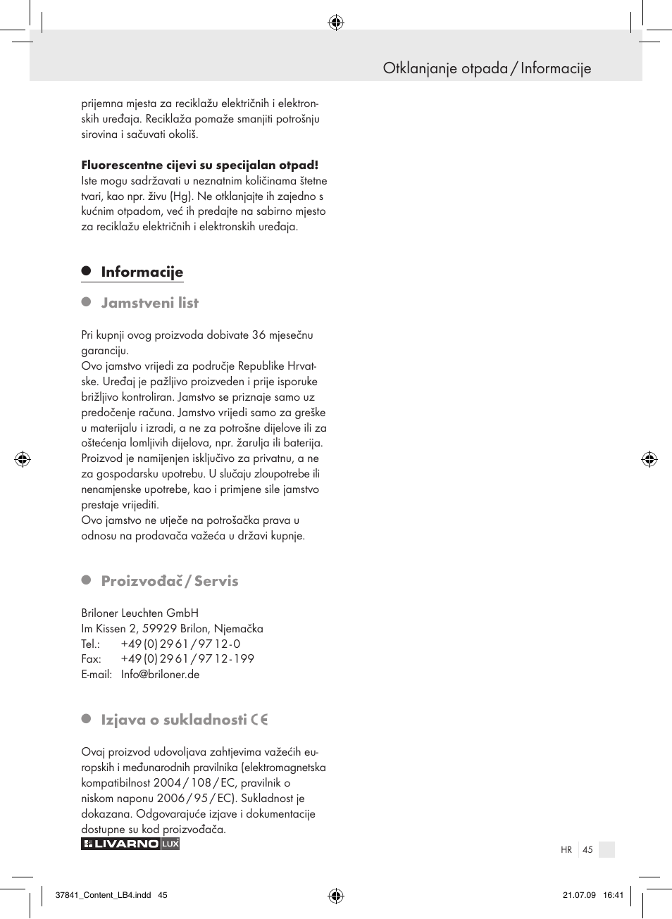 Otklanjanje otpada / informacije, Informacije, Jamstveni list | Proizvođač / servis, Izjava o sukladnosti | Livarno 2592 User Manual | Page 46 / 53