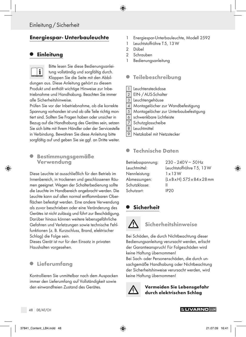 Einleitung / sicherheit, Energiespar- unterbauleuchte, Einleitung | Bestimmungsgemäße verwendung, Lieferumfang, Teilebeschreibung, Technische daten, Sicherheit, Sicherheitshinweise | Livarno 2592 User Manual | Page 49 / 53