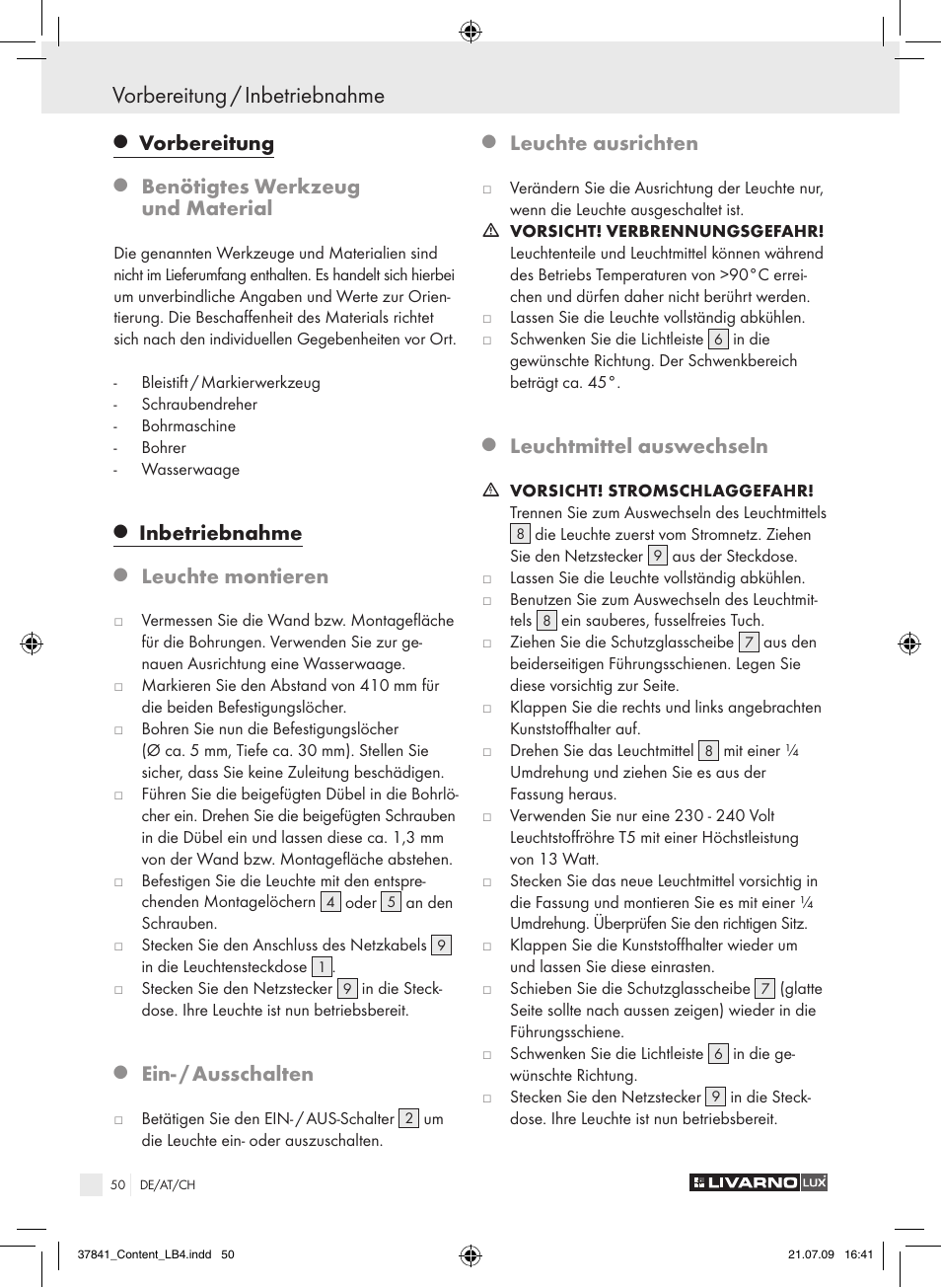 Vorbereitung / inbetriebnahme, Vorbereitung, Benötigtes werkzeug und material | Inbetriebnahme, Leuchte montieren, Ein- / ausschalten, Leuchte ausrichten, Leuchtmittel auswechseln | Livarno 2592 User Manual | Page 51 / 53