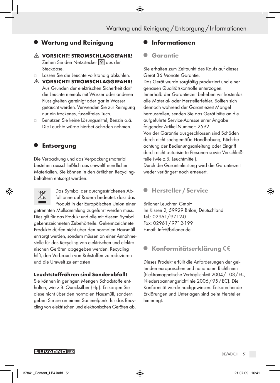 Wartung und reinigung / entsorgung / informationen, Wartung und reinigung, Entsorgung | Informationen, Garantie, Hersteller / service, Konformitätserklärung | Livarno 2592 User Manual | Page 52 / 53