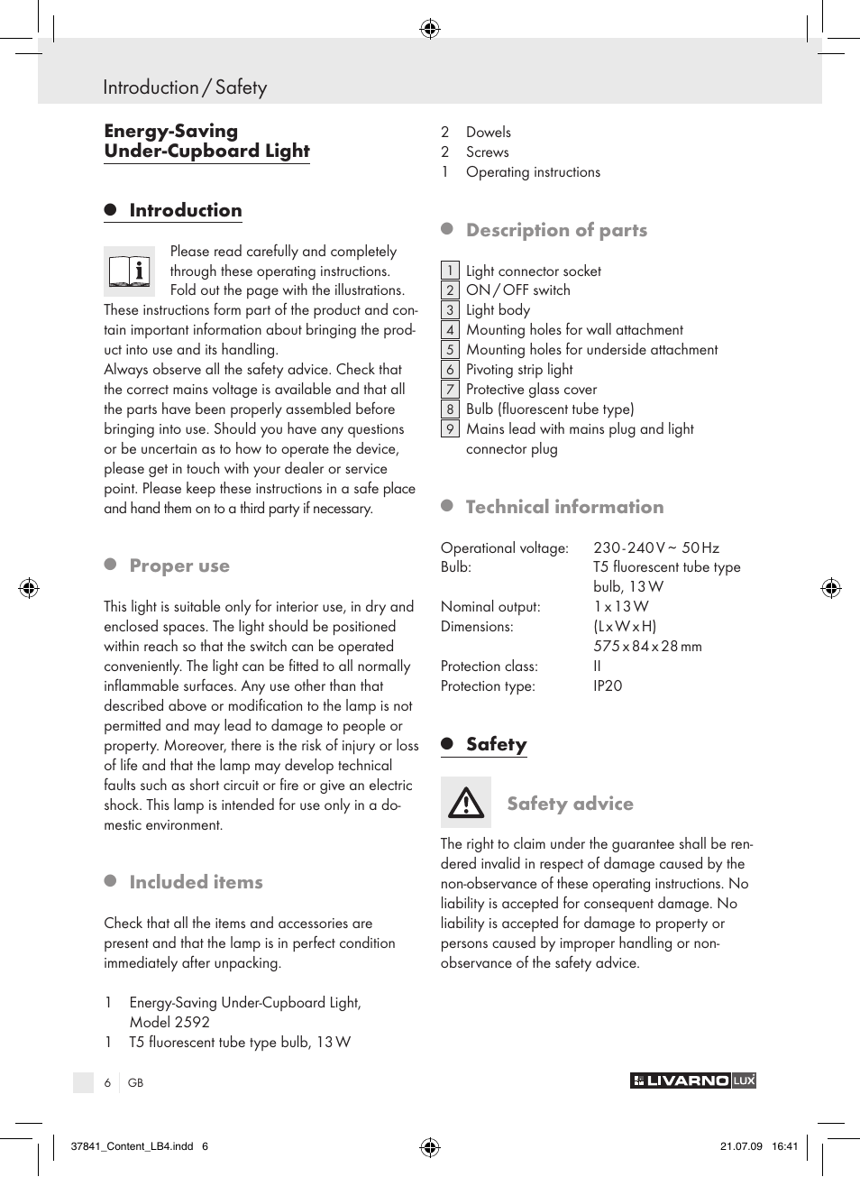 Introduction / safety, Energy-saving under-cupboard light, Introduction | Proper use, Included items, Description of parts, Technical information, Safety, Safety advice | Livarno 2592 User Manual | Page 7 / 53