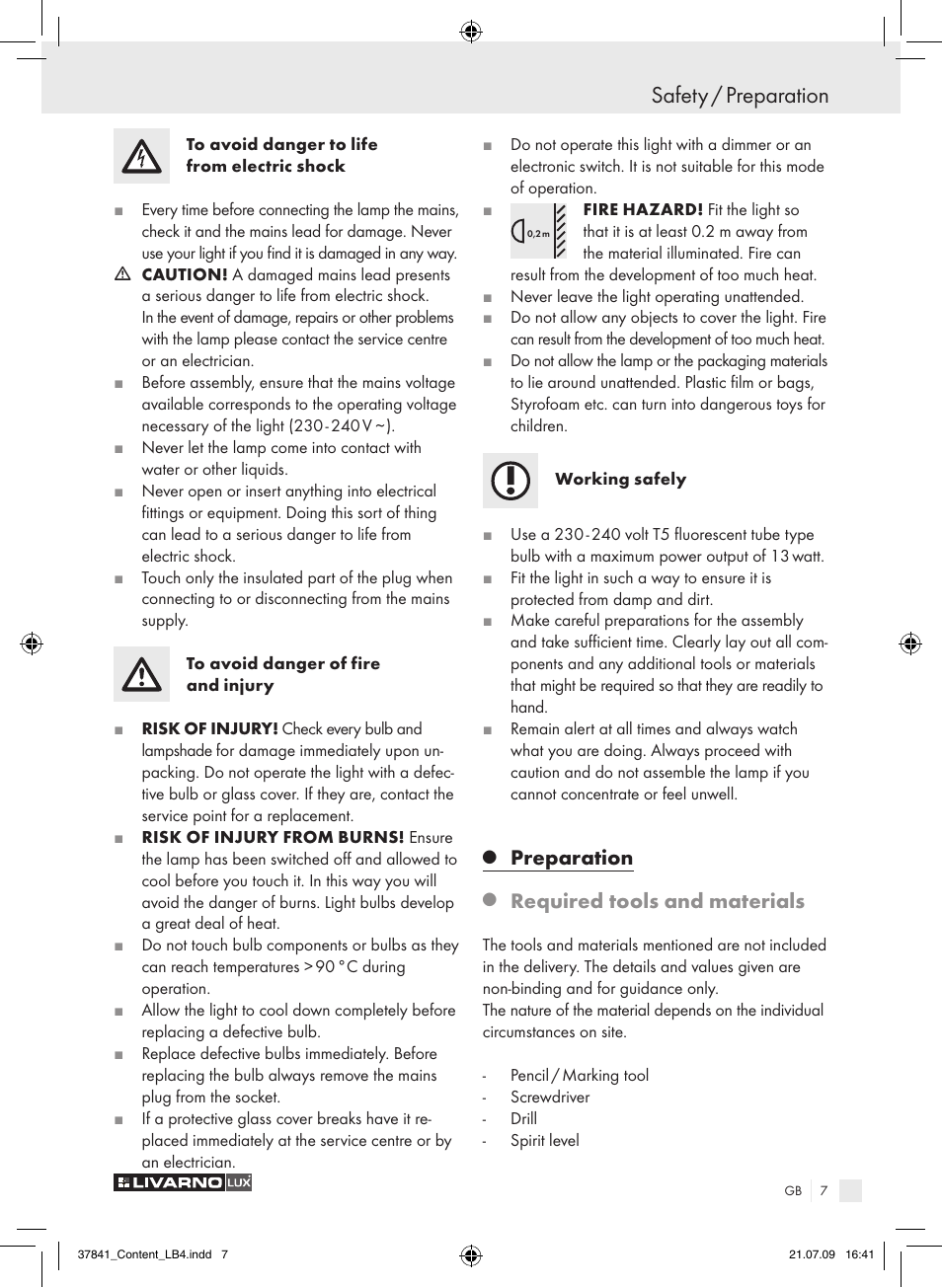 Safety / preparation, Preparation, Required tools and materials | Livarno 2592 User Manual | Page 8 / 53