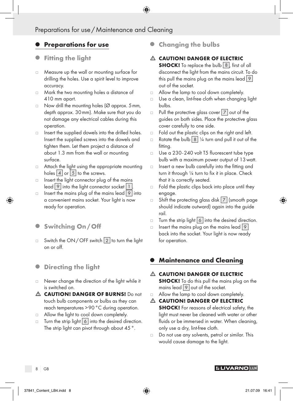 Preparations for use / maintenance and cleaning, Preparations for use, Fitting the light | Switching on / off, Directing the light, Changing the bulbs, Maintenance and cleaning | Livarno 2592 User Manual | Page 9 / 53